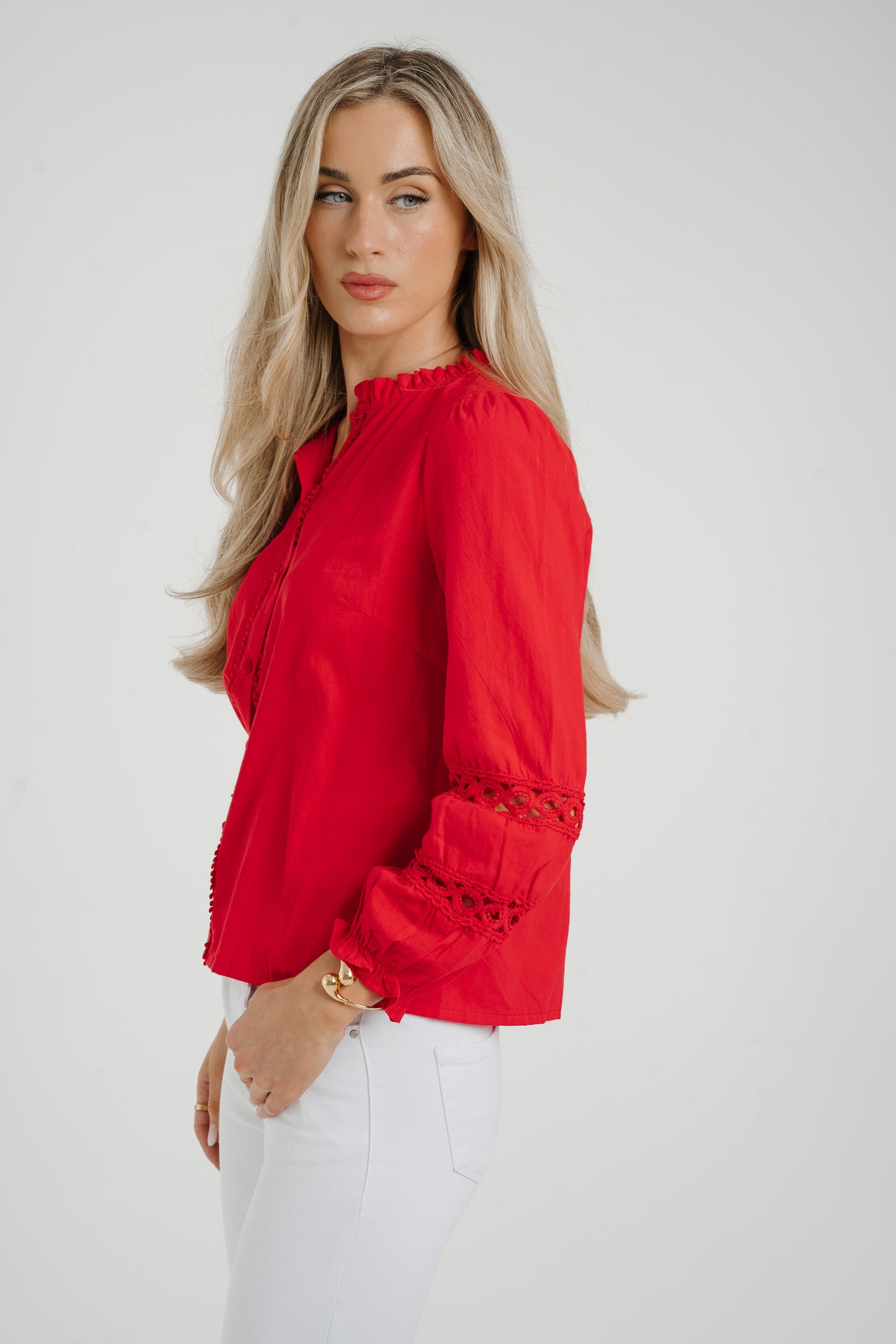 Ally Crochet Sleeve Blouse In Red