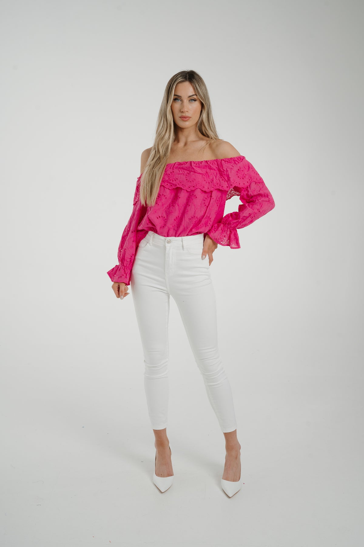 Caitlyn Frill Detail Bardot Top In Pink