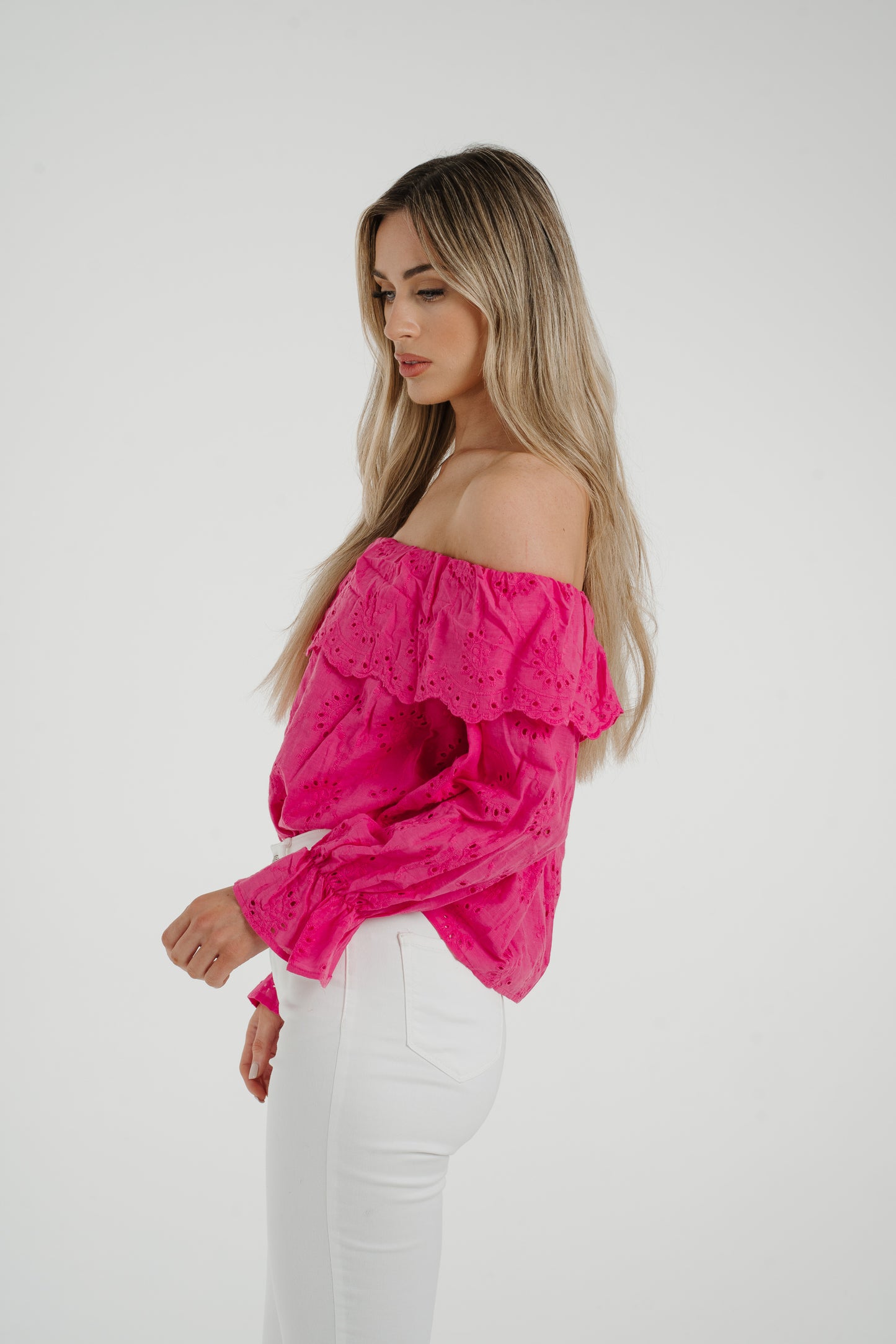 Caitlyn Frill Detail Bardot Top In Pink