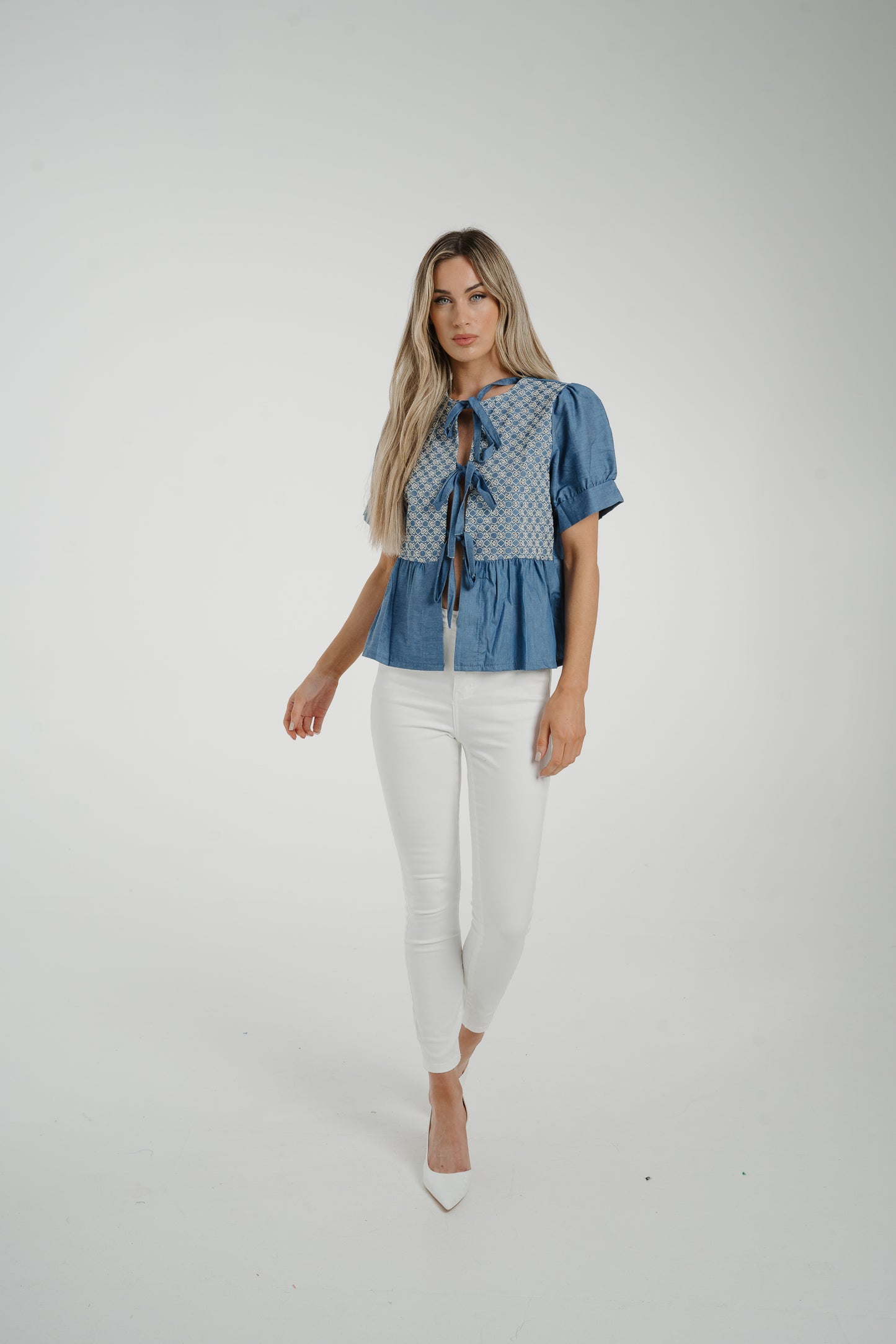 Poppy Embroidered Bow Front Top In Denim