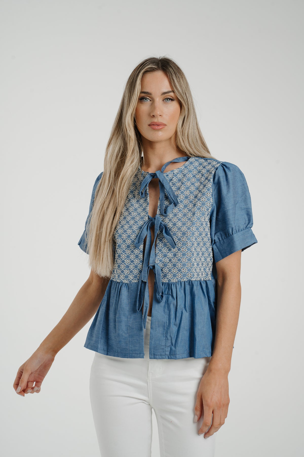 Poppy Embroidered Bow Front Top In Denim