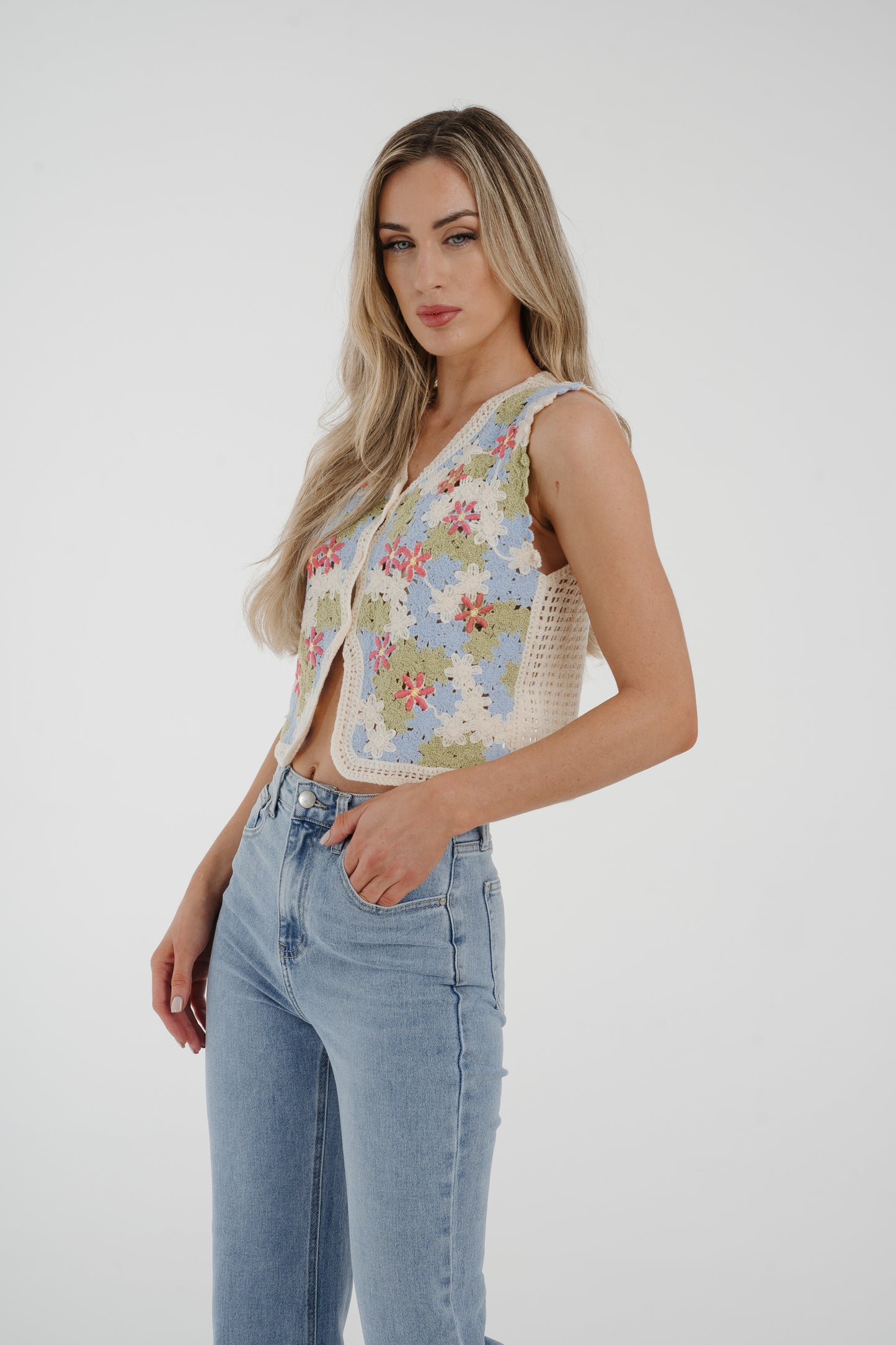Sally Floral Crochet Waistcoat In Blue Mix