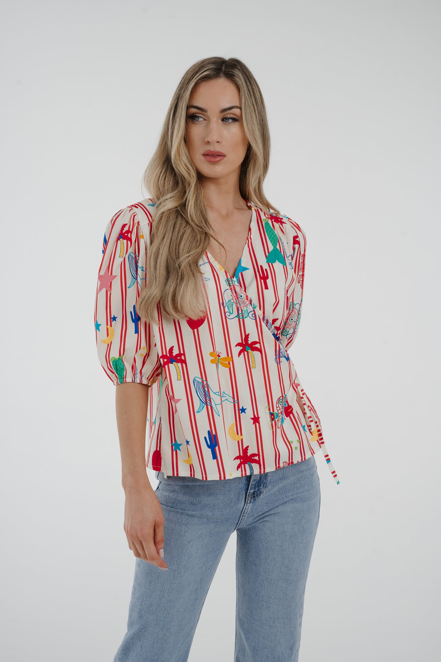 Leona Printed Wrap Top In Red Mix