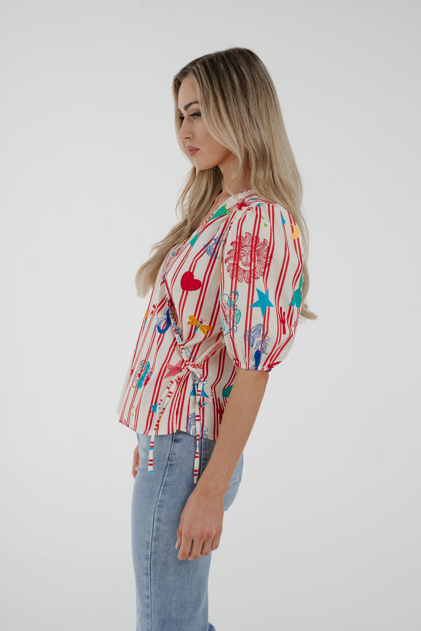 Leona Printed Wrap Top In Red Mix