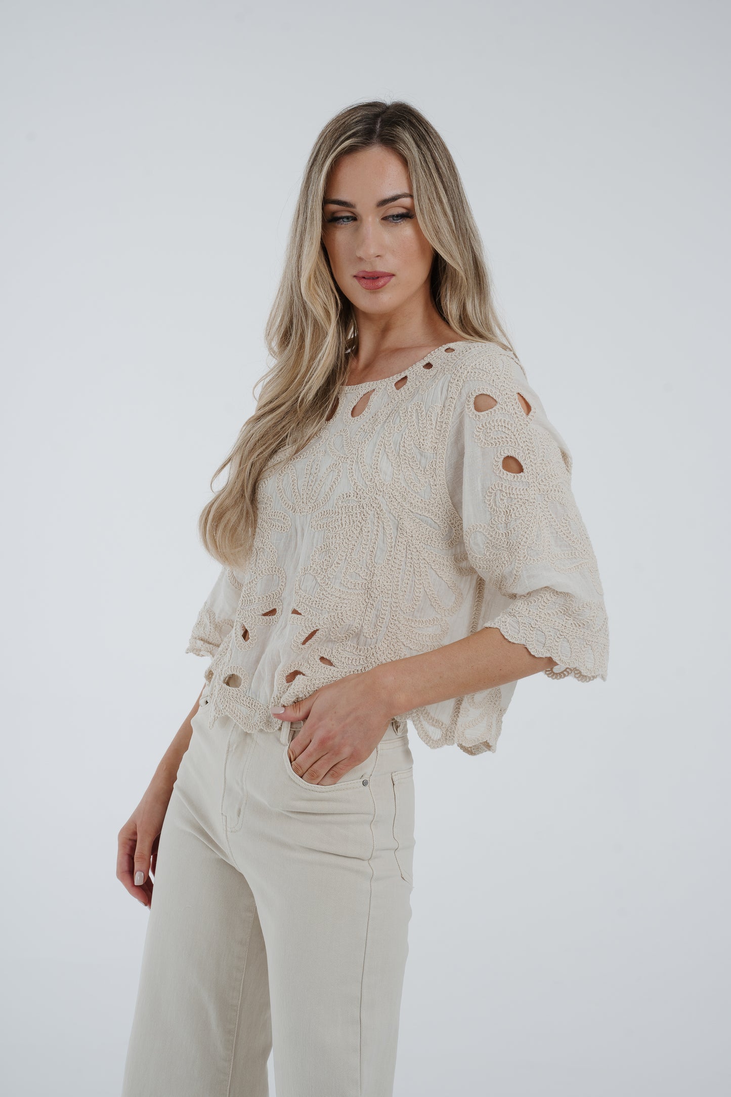 Sally Embroidered Cut Out Top In Cream
