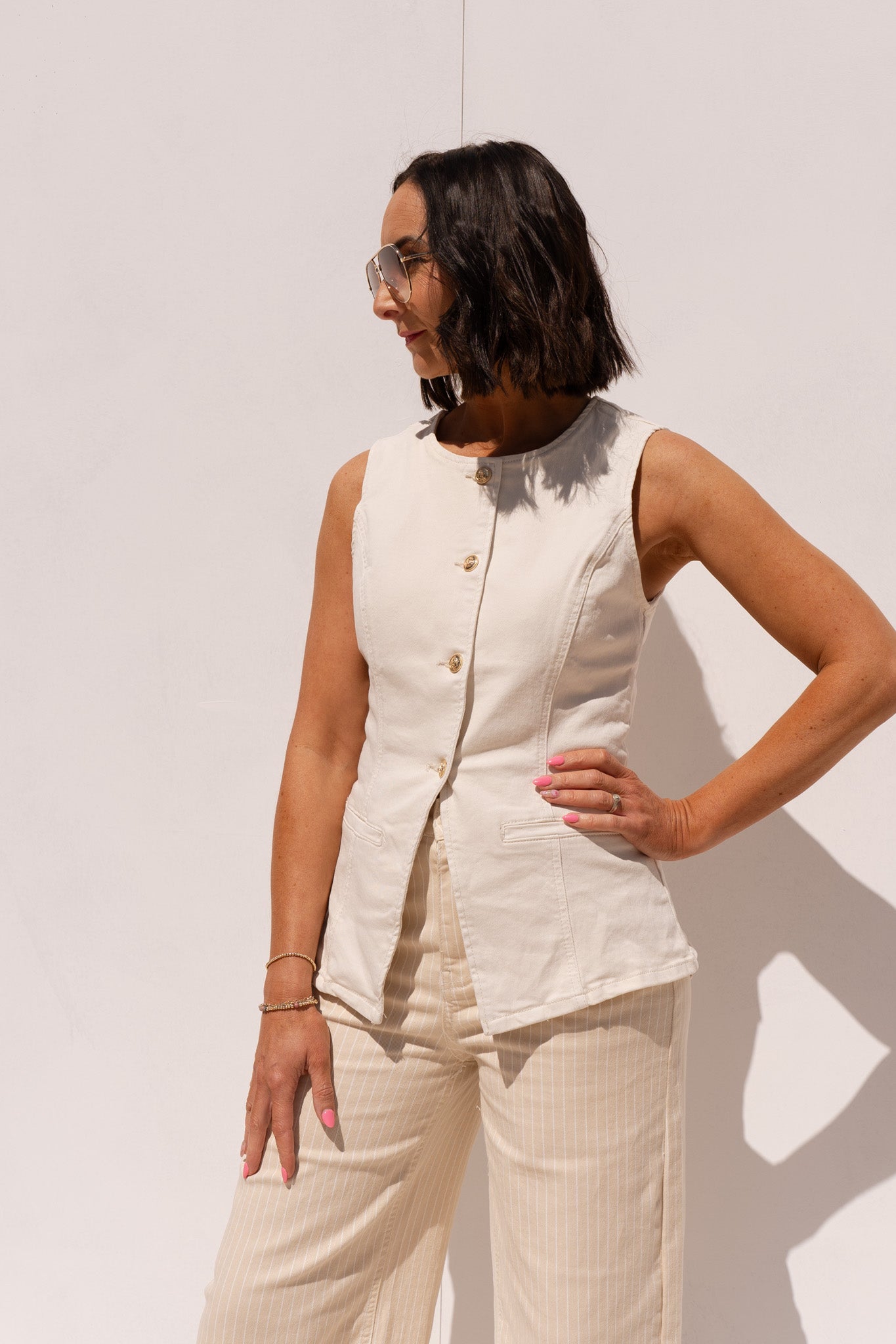 Love Laura Denim Waistcoat In Cream