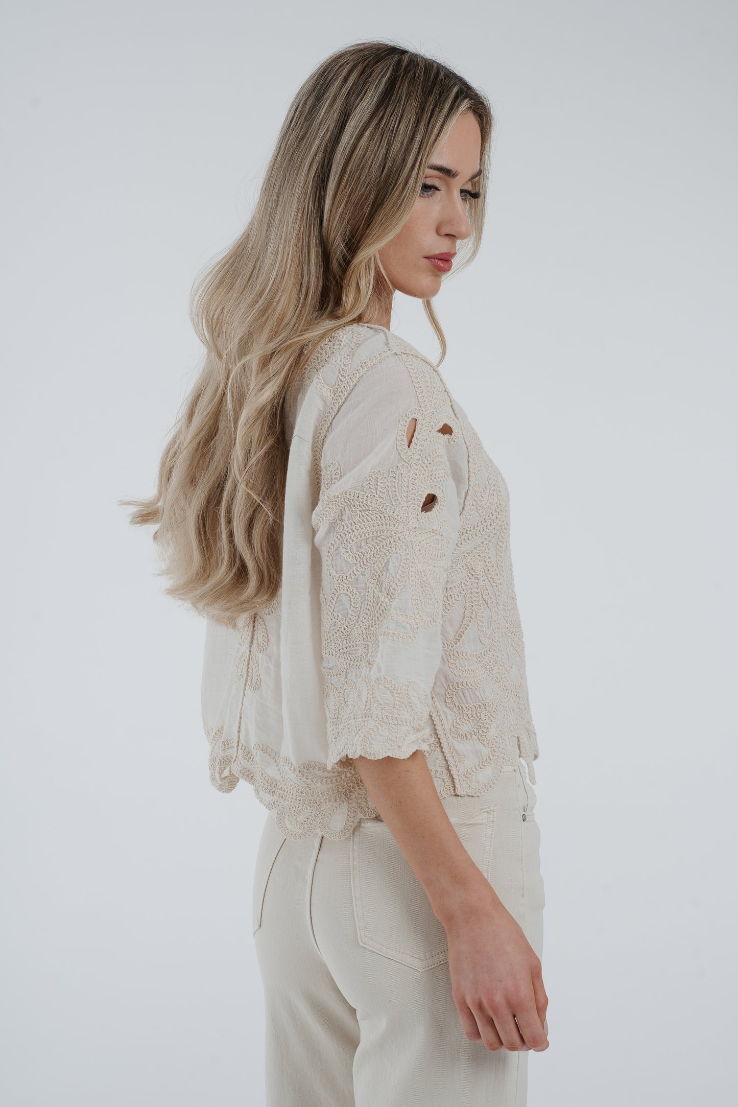 Sally Embroidered Cut Out Top In Cream