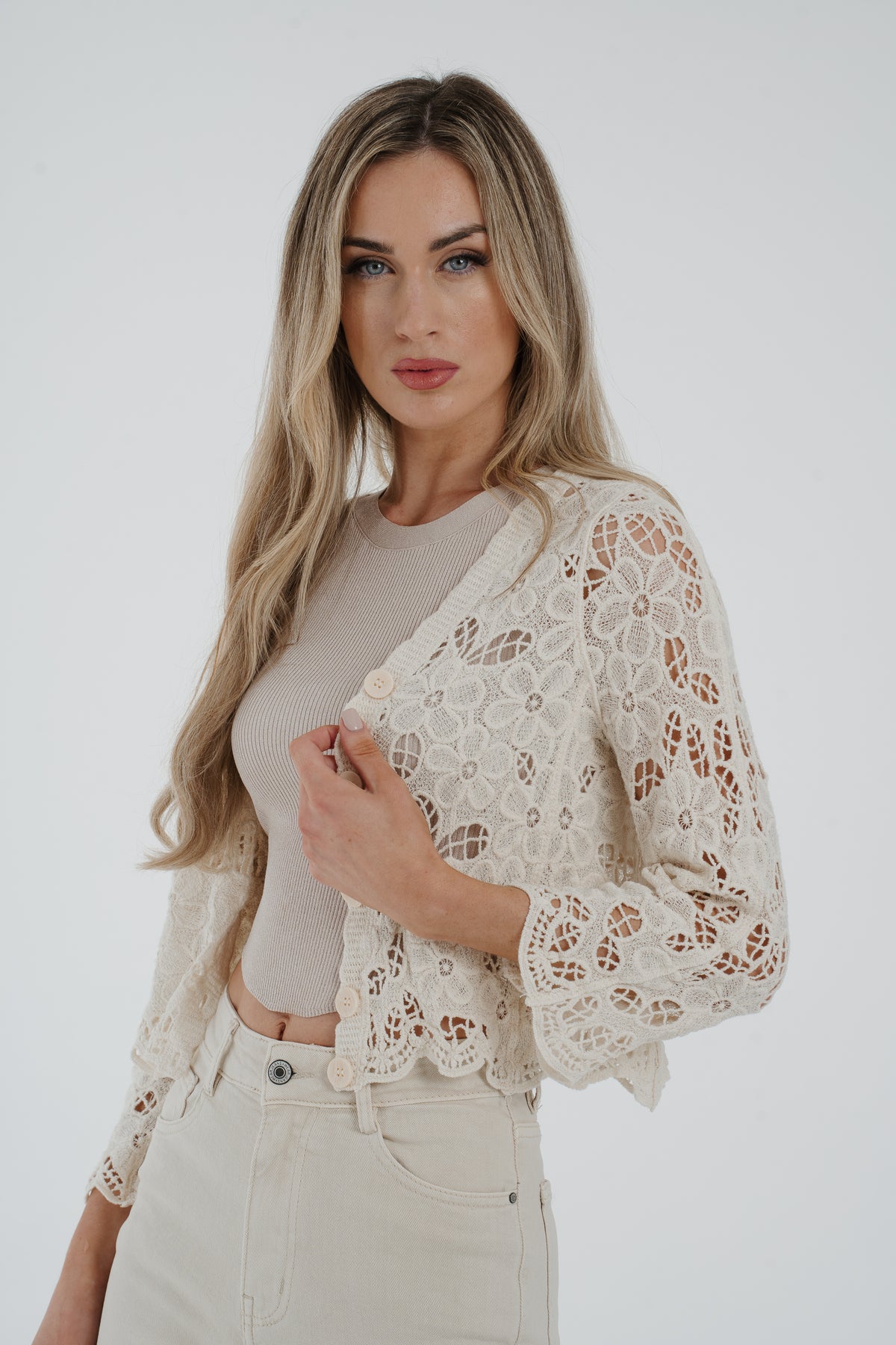 Sally Cropped Lace Cardigan In Cream