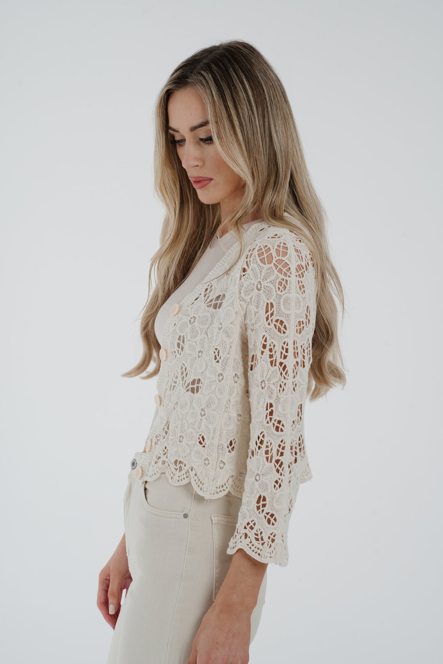 Sally Cropped Lace Cardigan In Cream