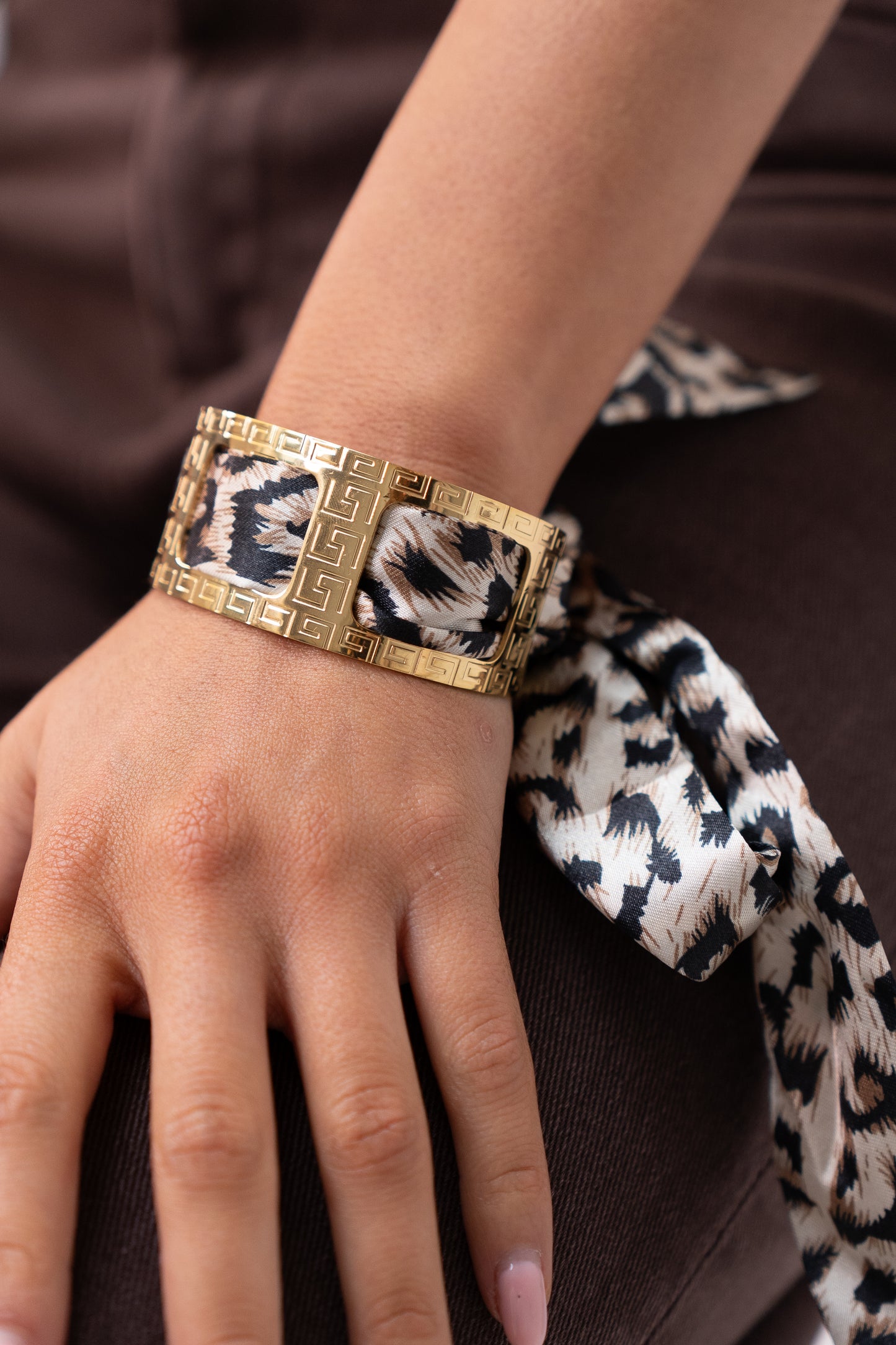 Polly Leopard Print Ribbon Bangle In Gold