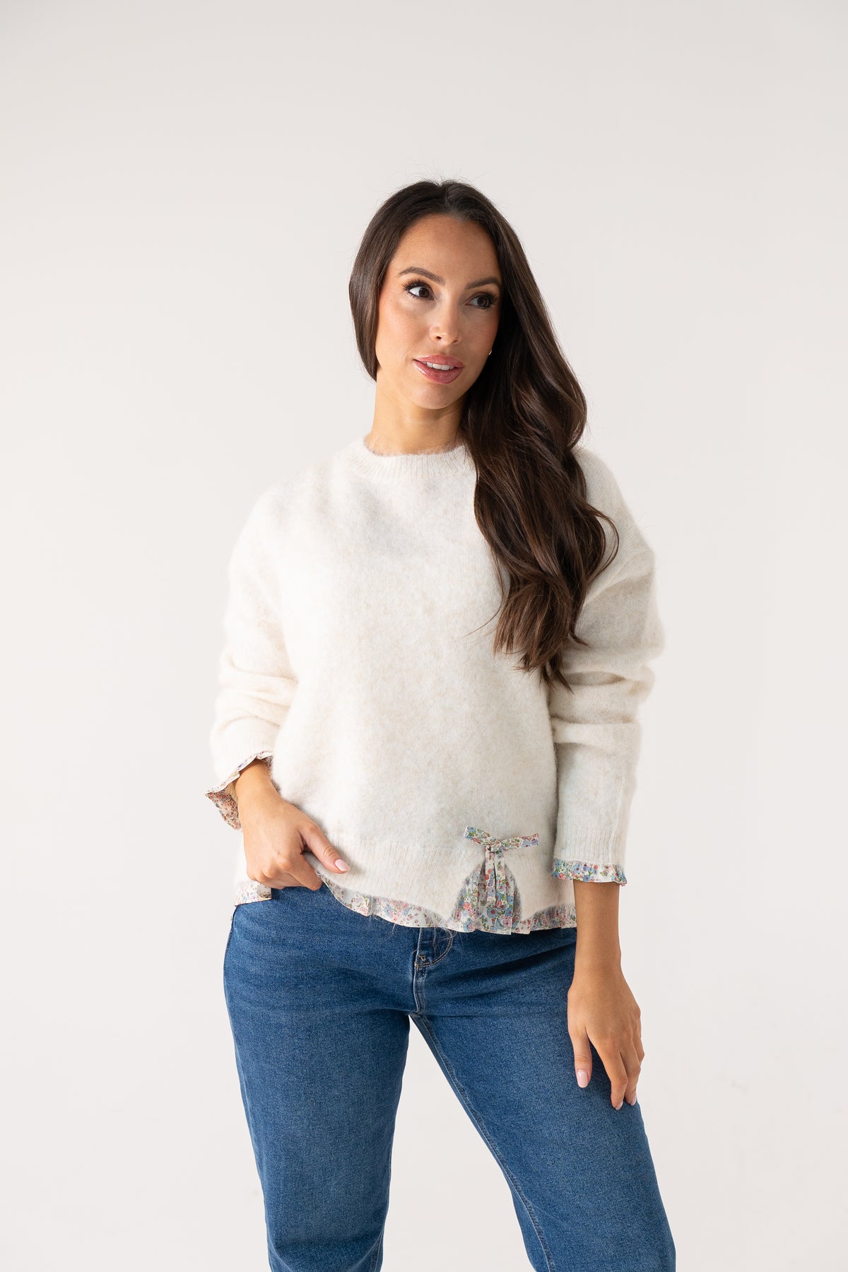 Connie Floral Trim Jumper In Cream