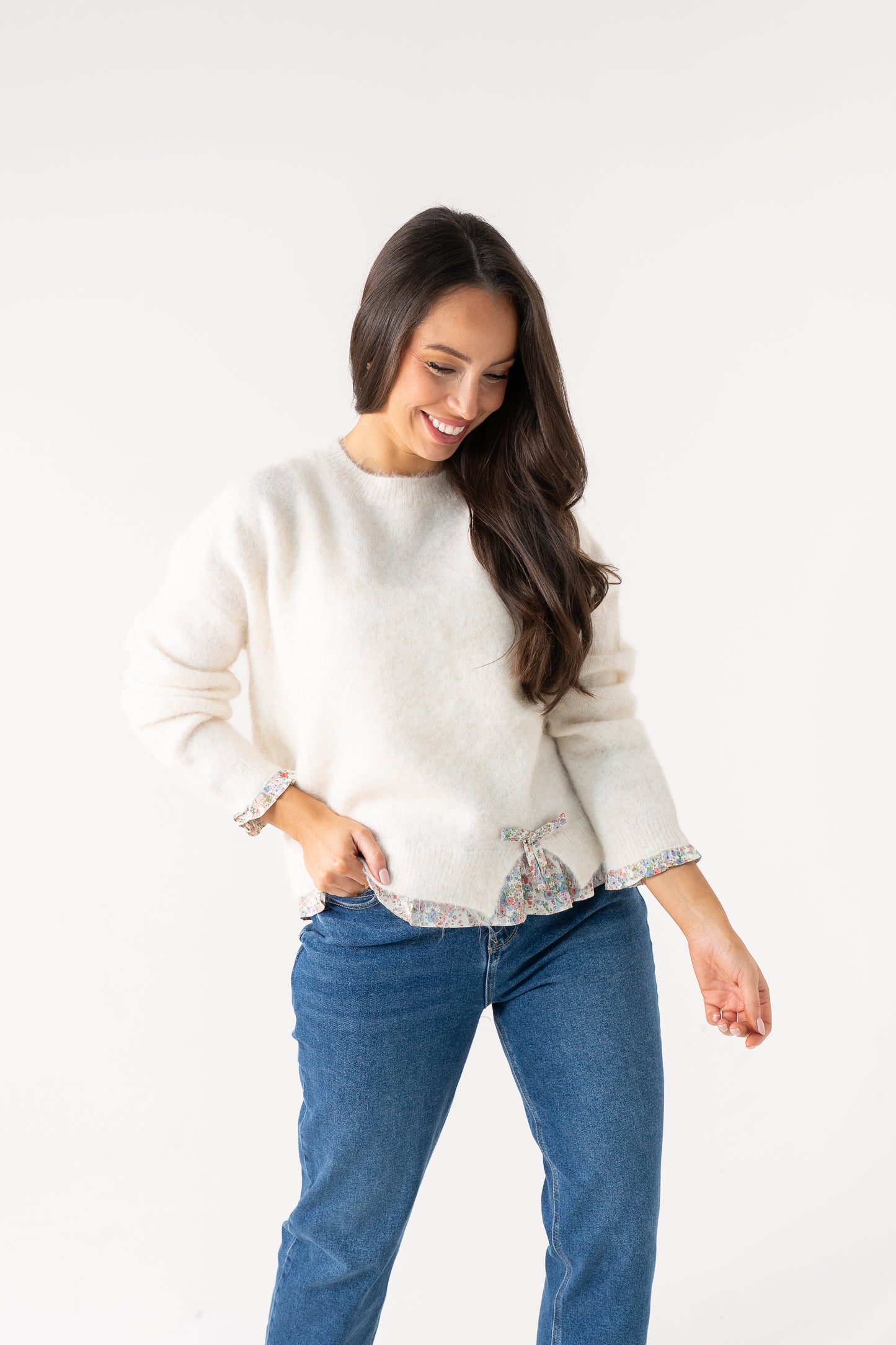 Connie Floral Trim Jumper In Cream
