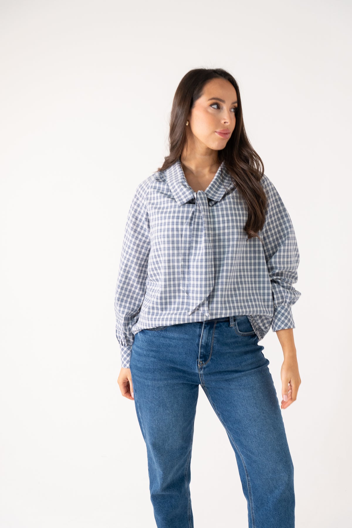 Ally Bow Collar Check Shirt In Blue