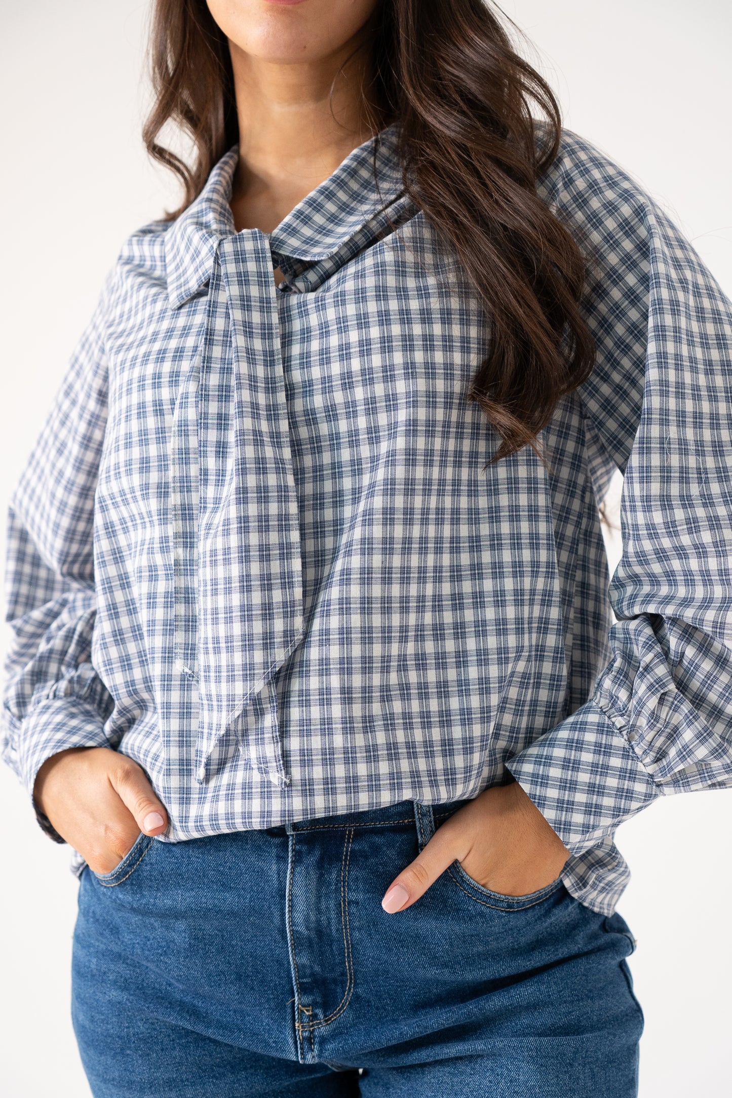 Ally Bow Collar Check Shirt In Blue