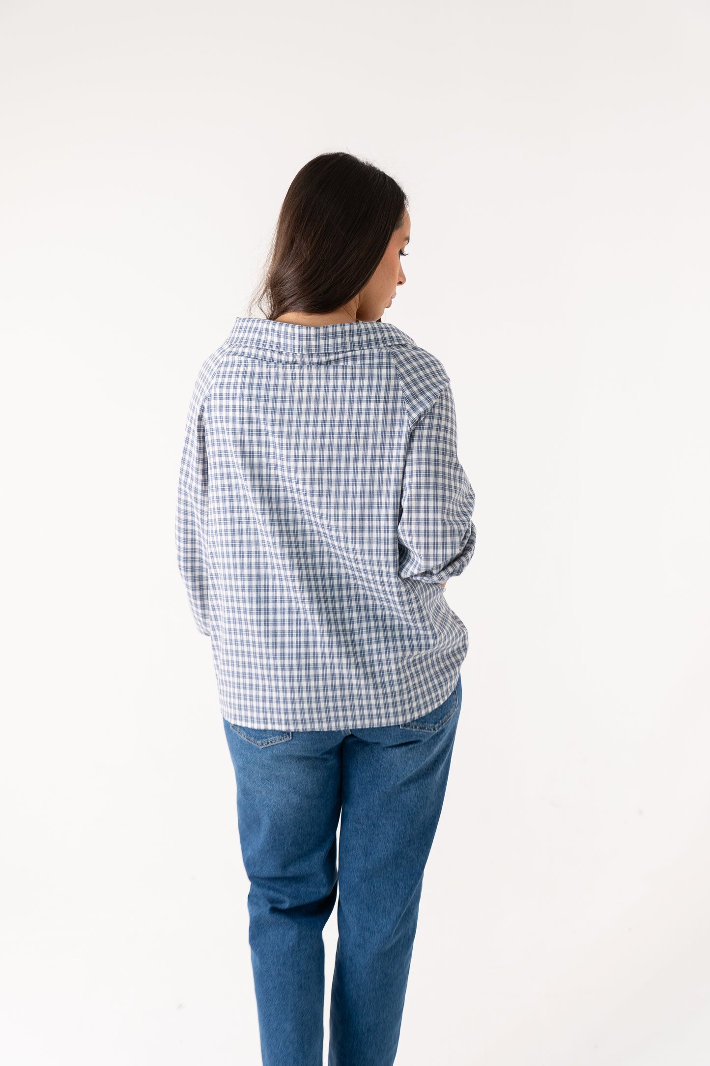 Ally Bow Collar Check Shirt In Blue