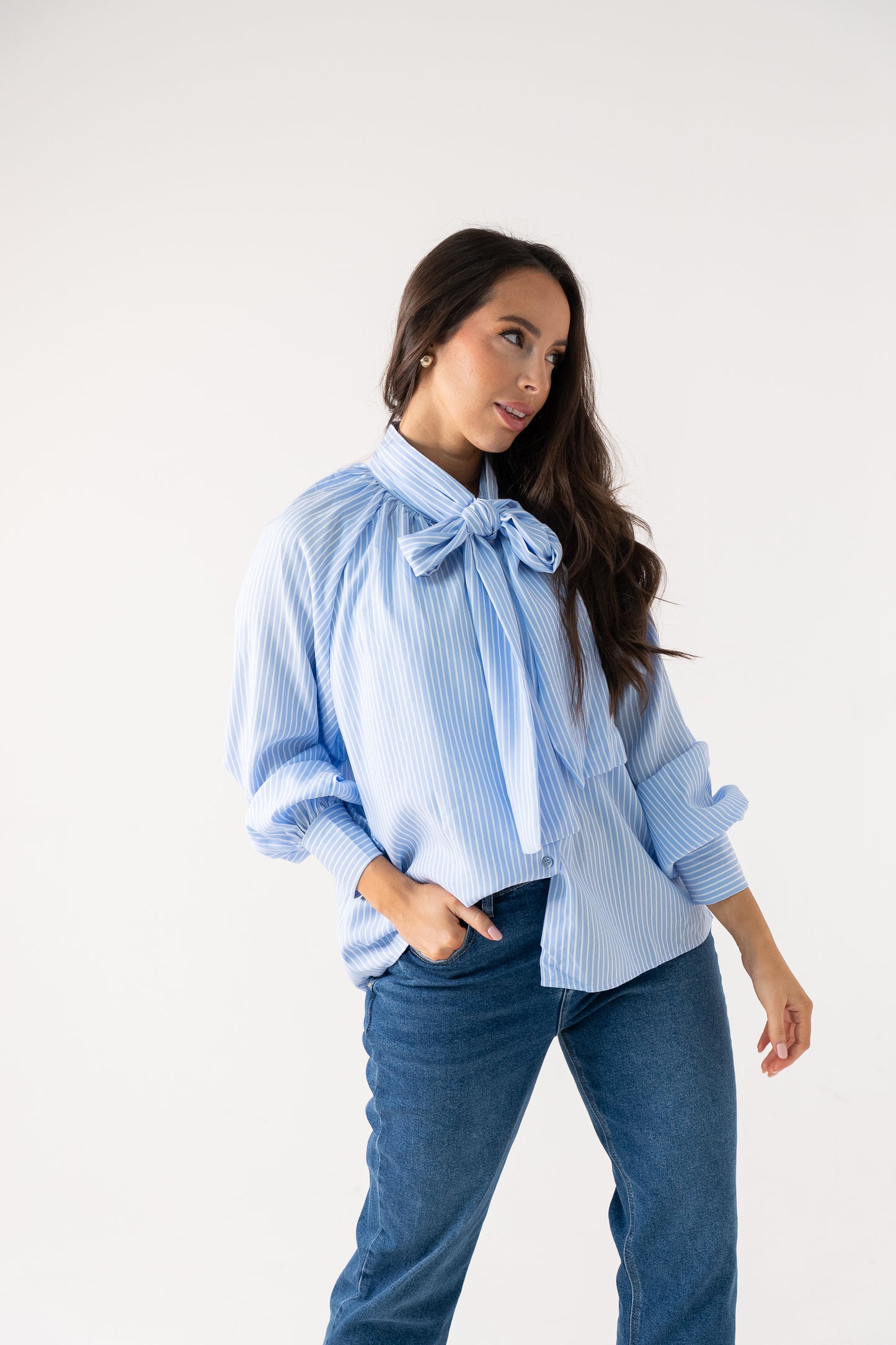Millie Bow Neck Pinstripe Shirt In Blue