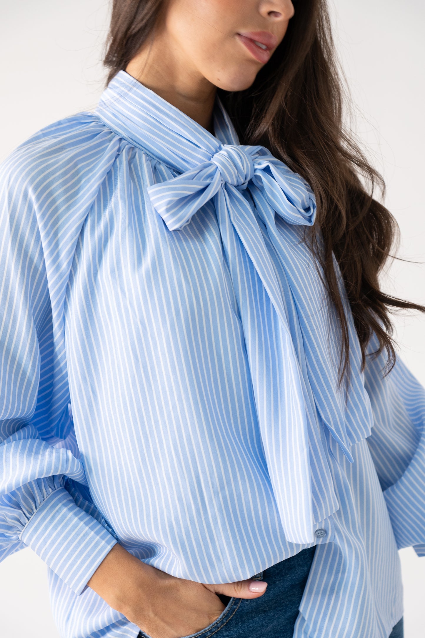 Millie Bow Neck Pinstripe Shirt In Blue