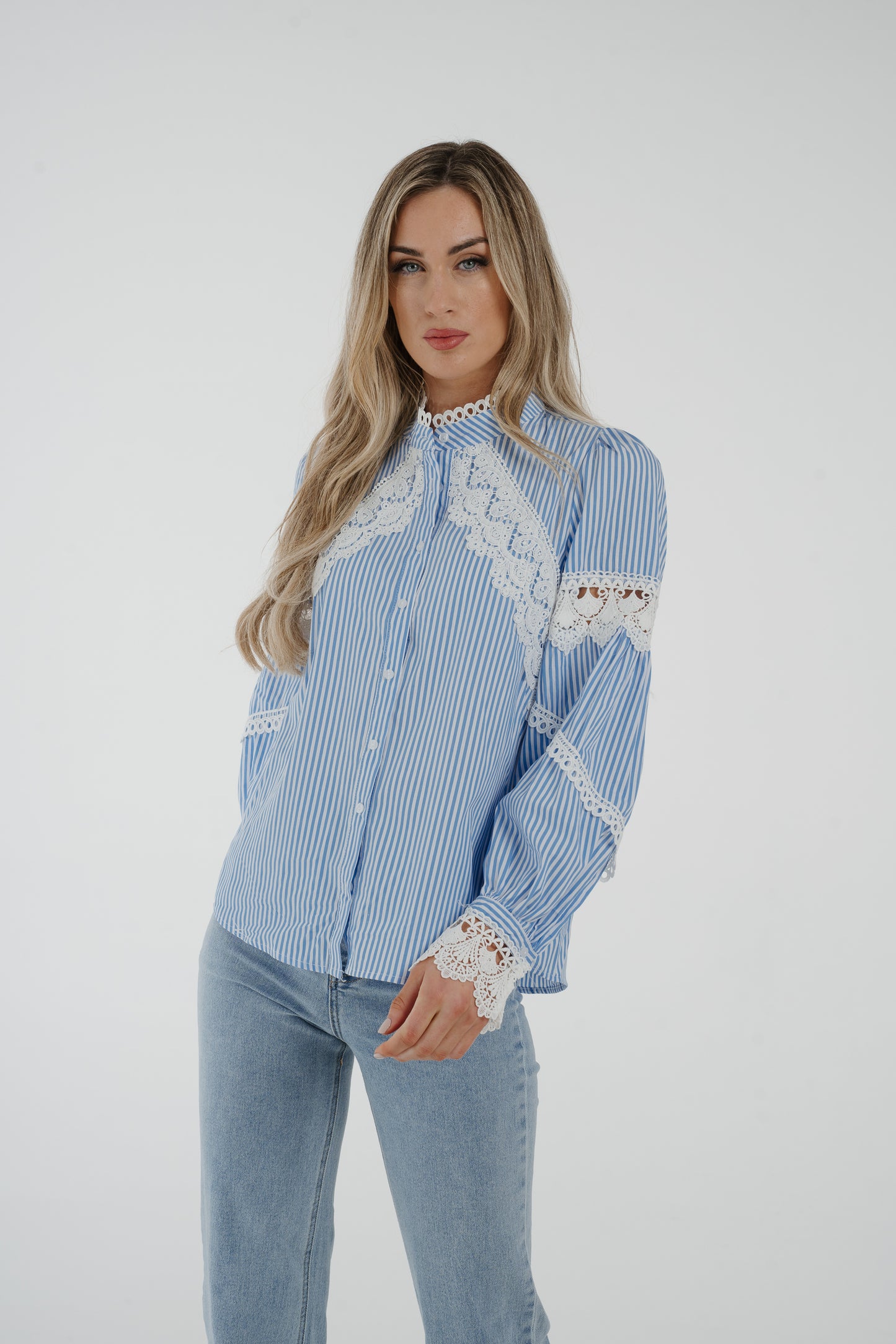 Holly Lace Detail Shirt In Blue Stripe