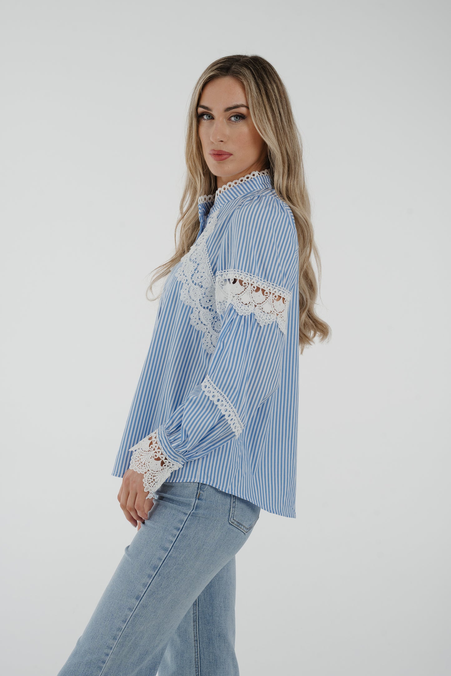 Holly Lace Detail Shirt In Blue Stripe