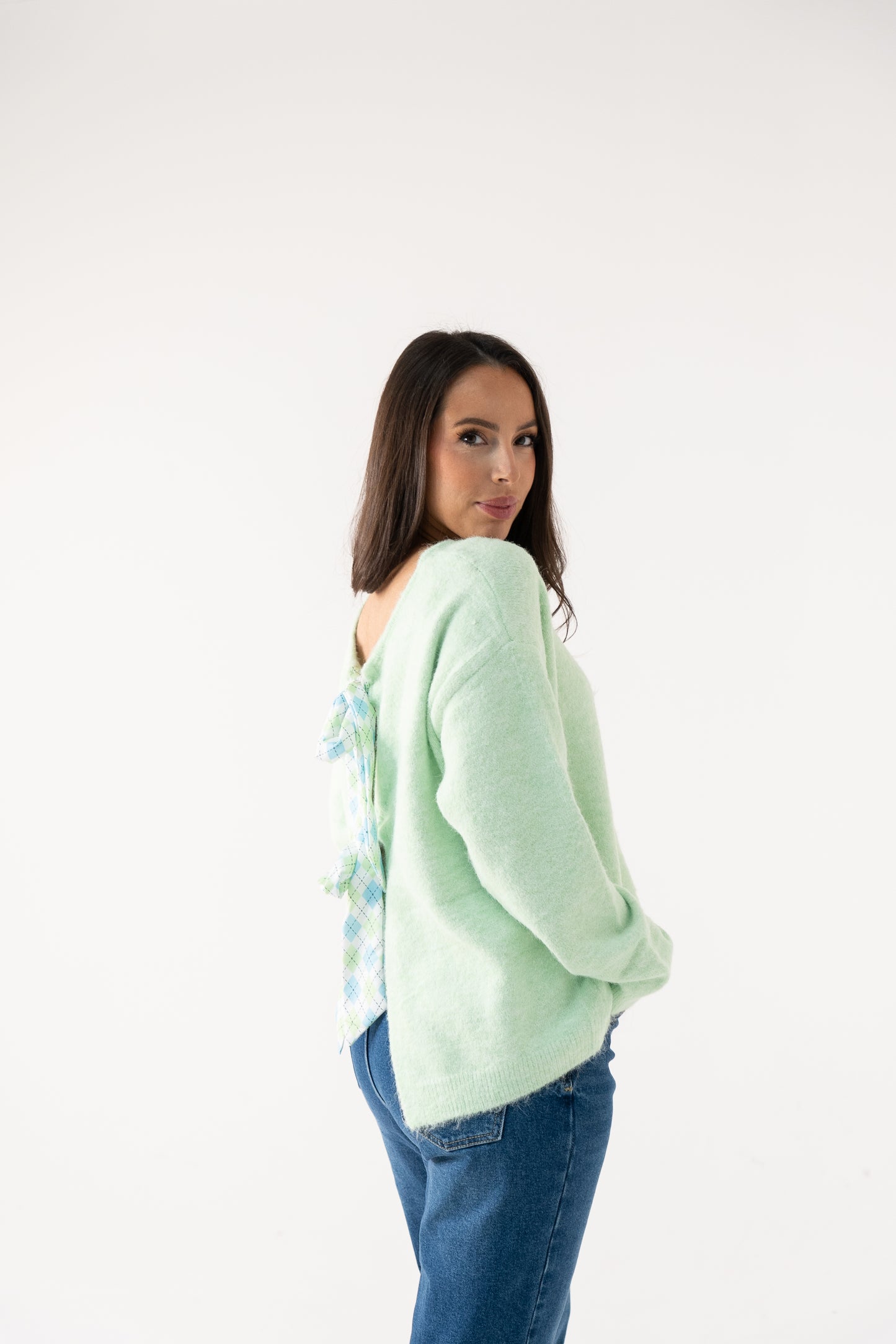 Connie Diamond Print Bow Jumper In Mint