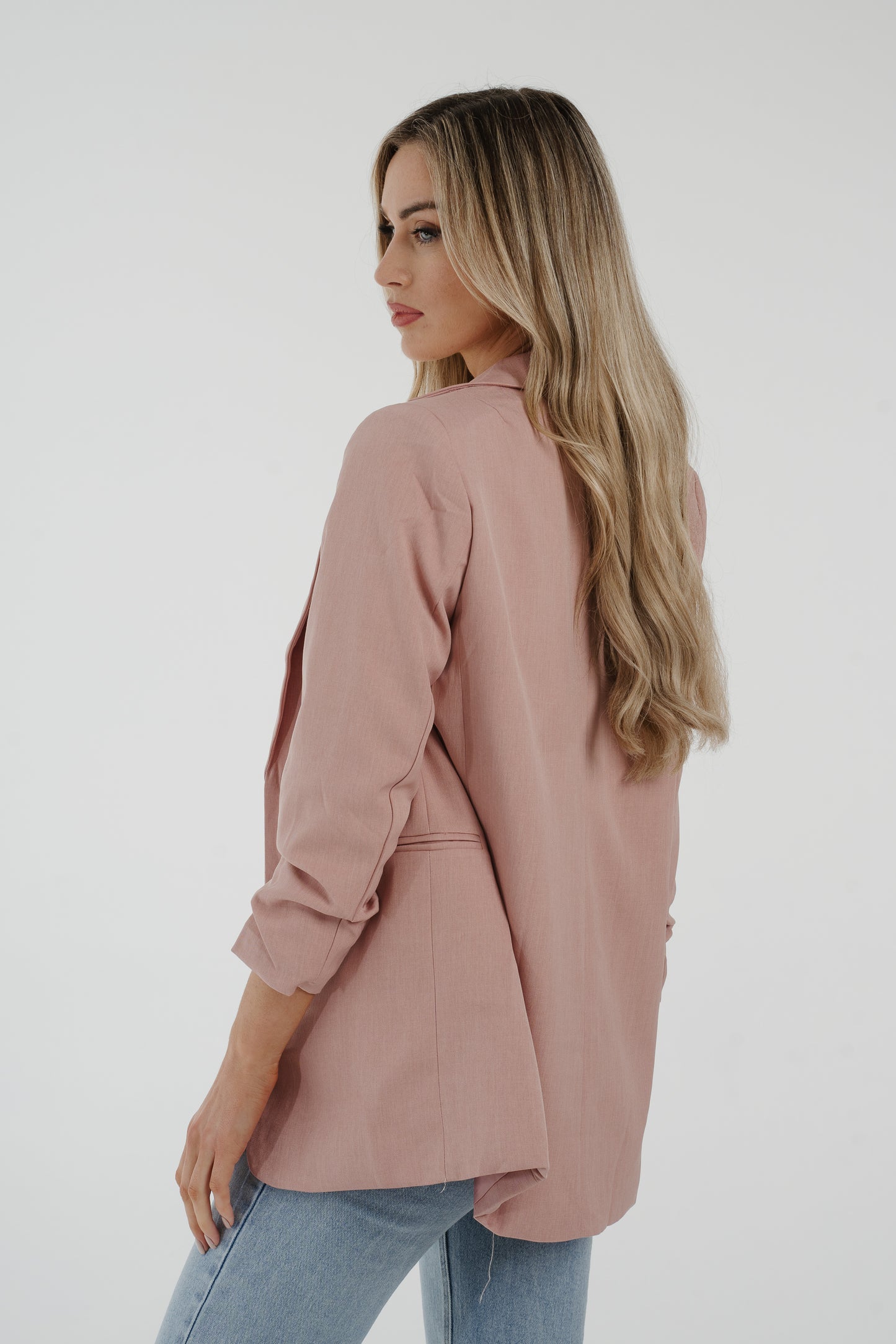 Caitlyn Ruched Sleeve One Button Blazer In Pink
