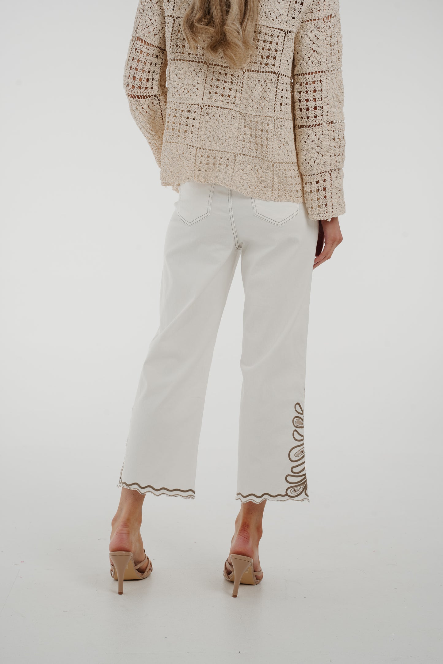 Elsa Embroidered Hem Trousers In Off White
