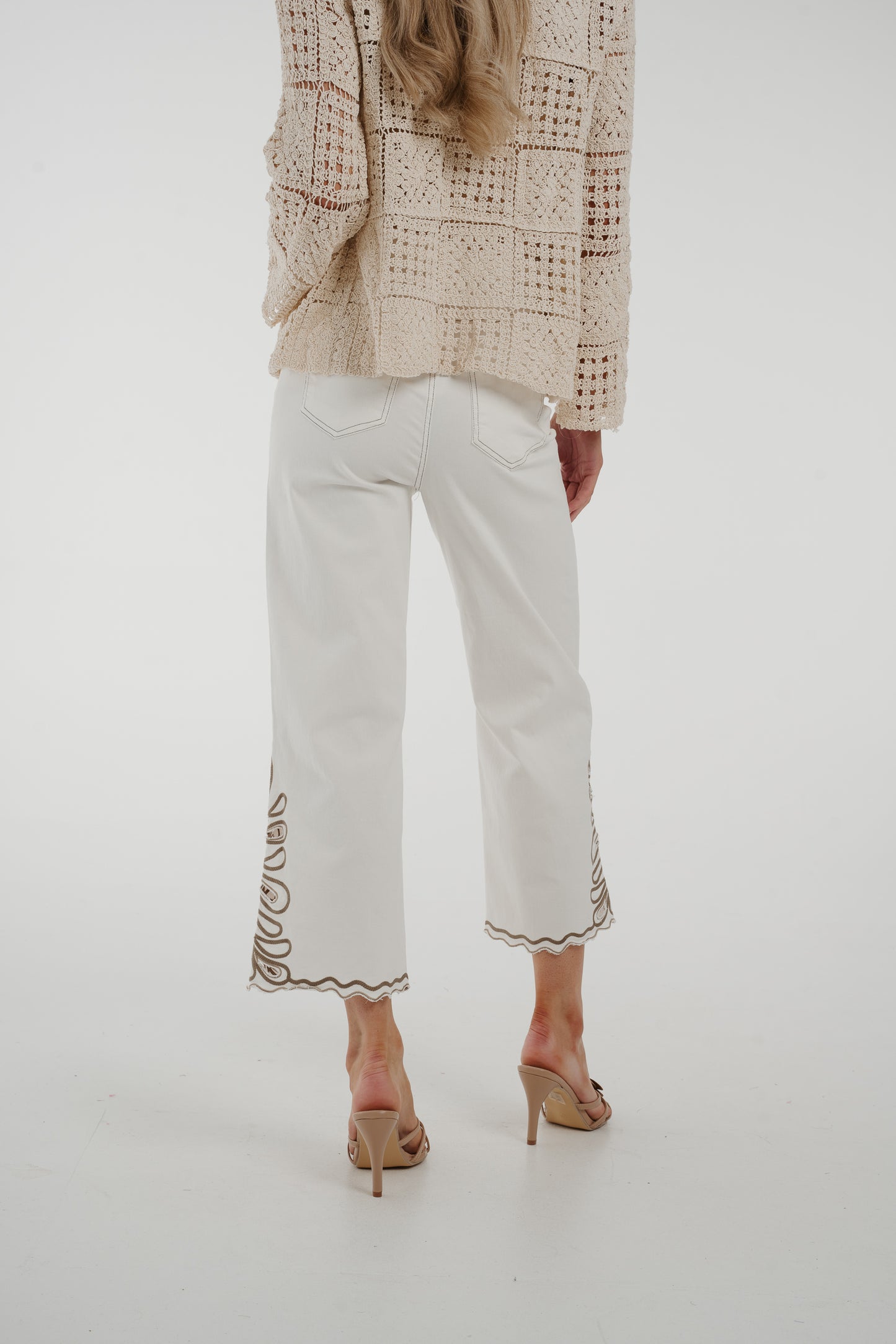 Elsa Embroidered Hem Trousers In Off White