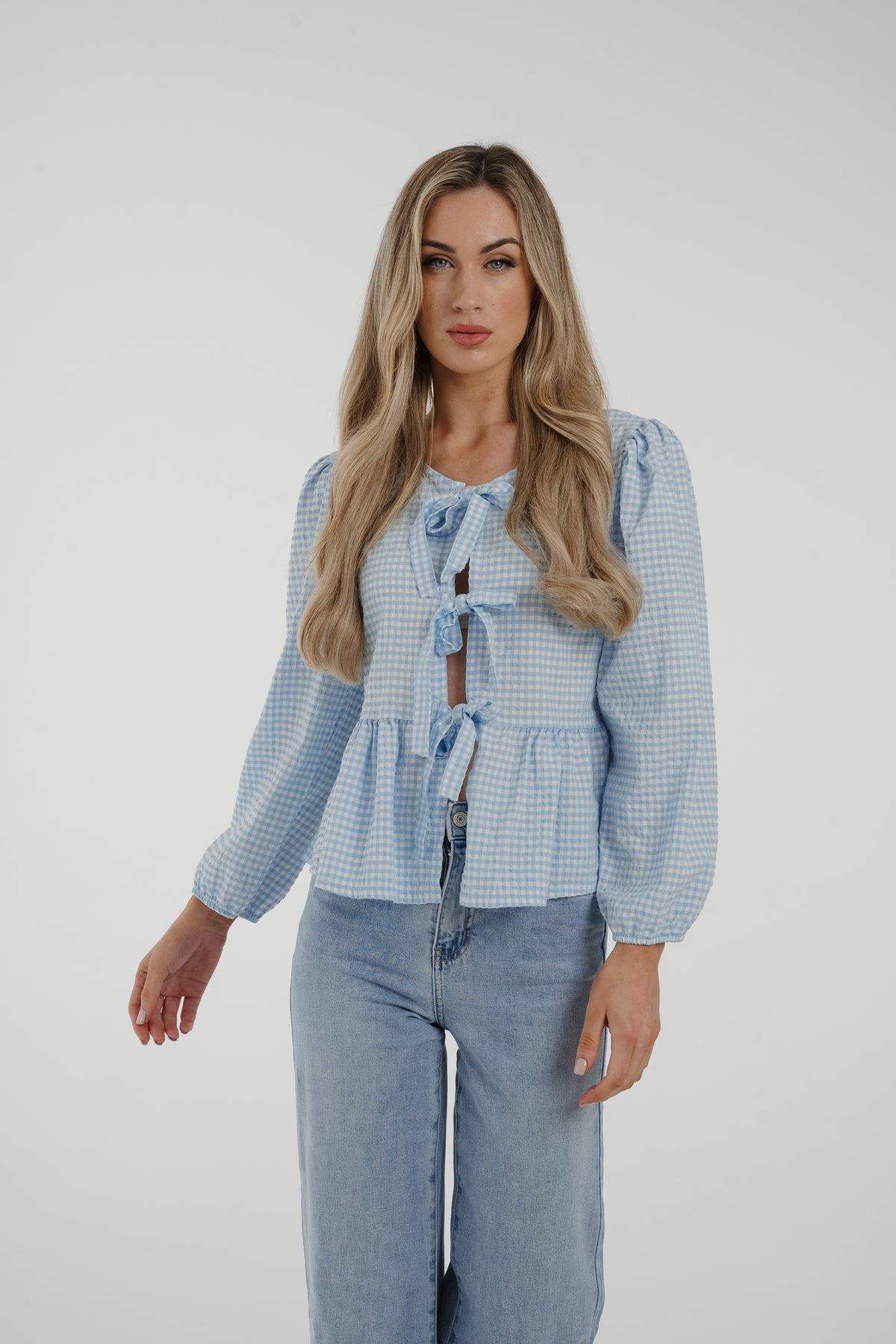 Leona Bow Front Blouse In Blue Gingham
