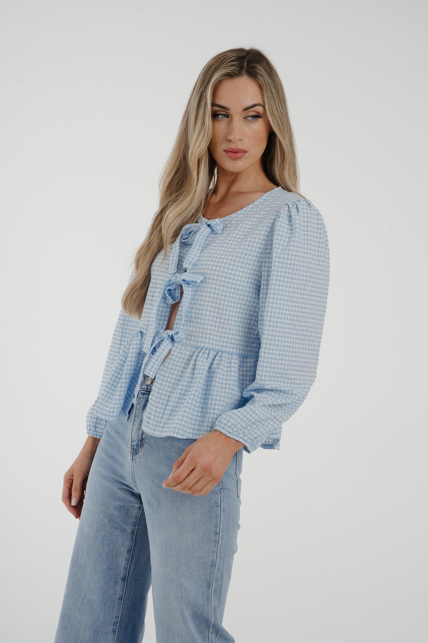 Leona Bow Front Blouse In Blue Gingham