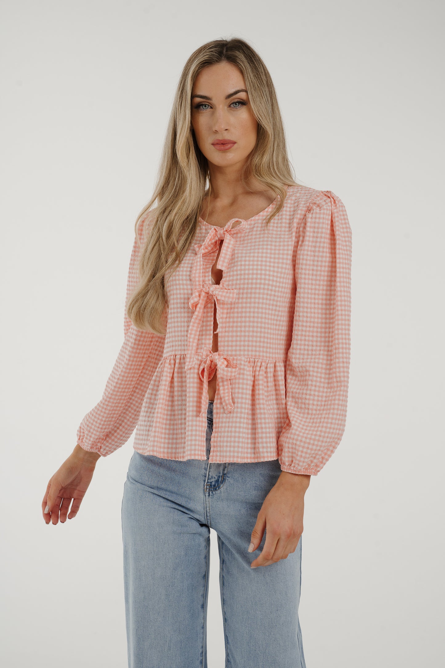 Leona Bow Front Blouse In Pink Gingham