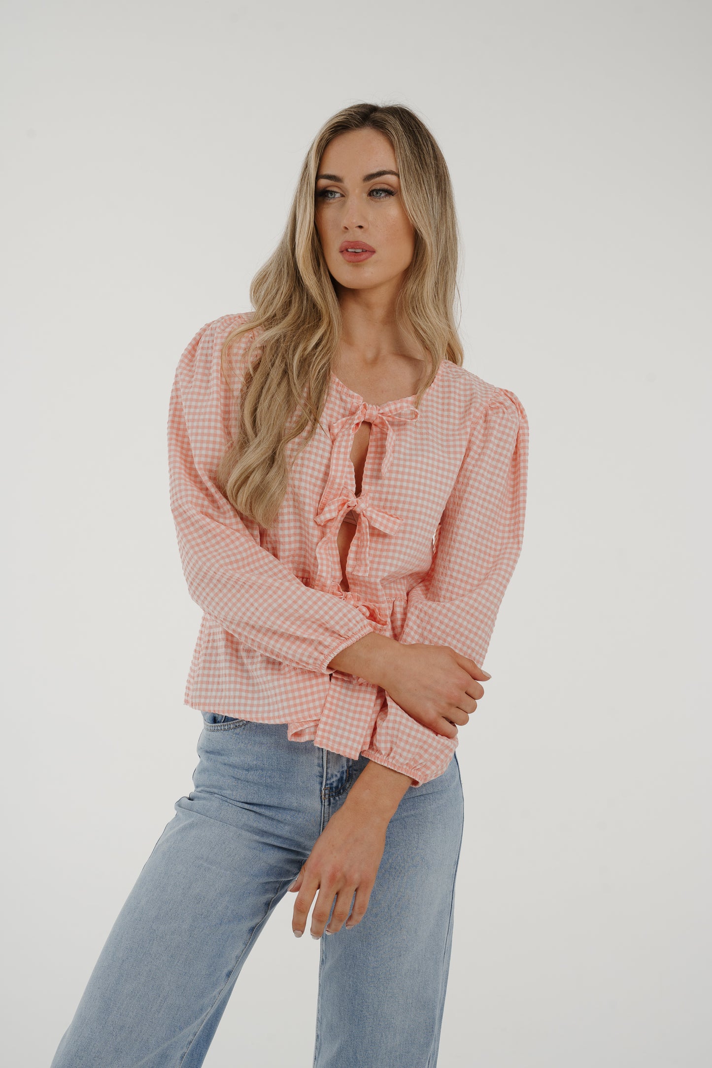 Leona Bow Front Blouse In Pink Gingham