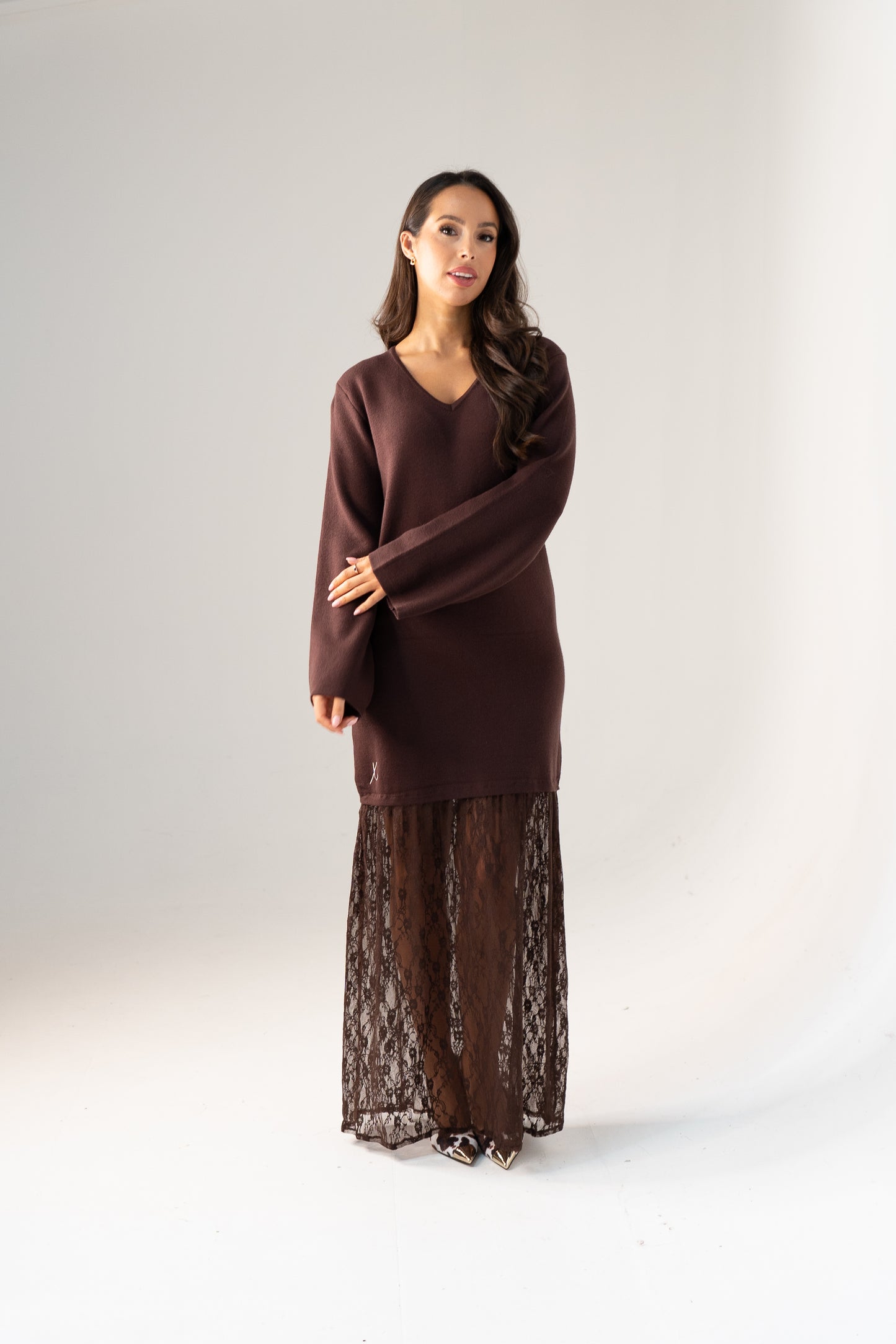 Love Laura Contrast Knit Dress In Chocolate
