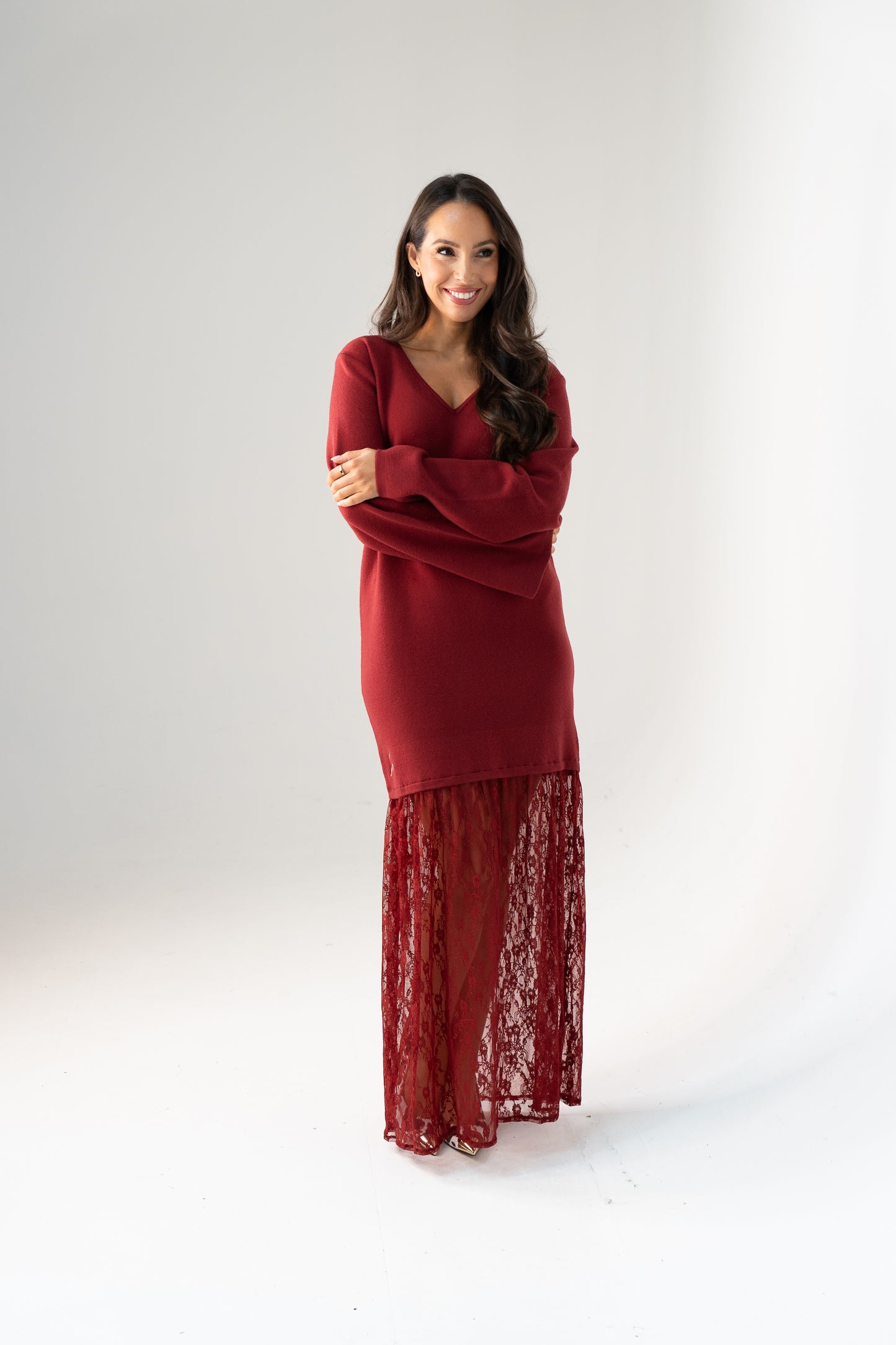 Love Laura Contrast Knit Dress In Burgundy