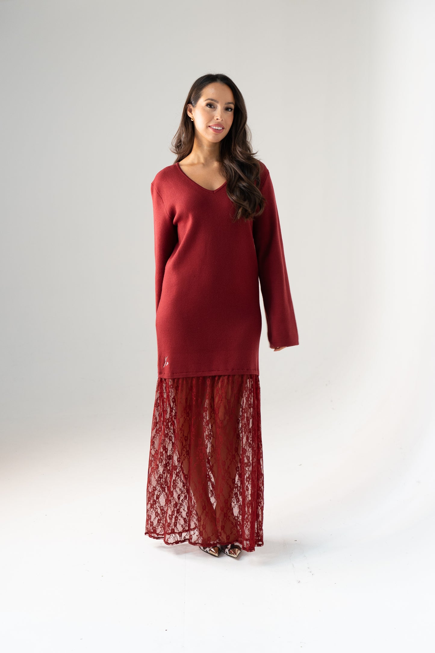 Love Laura Contrast Knit Dress In Burgundy