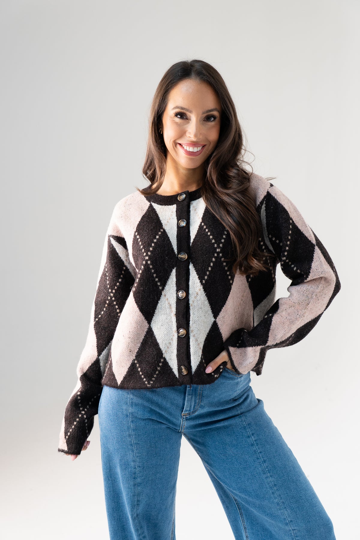 Millie Diamond Knit Cardigan In Pink Mix