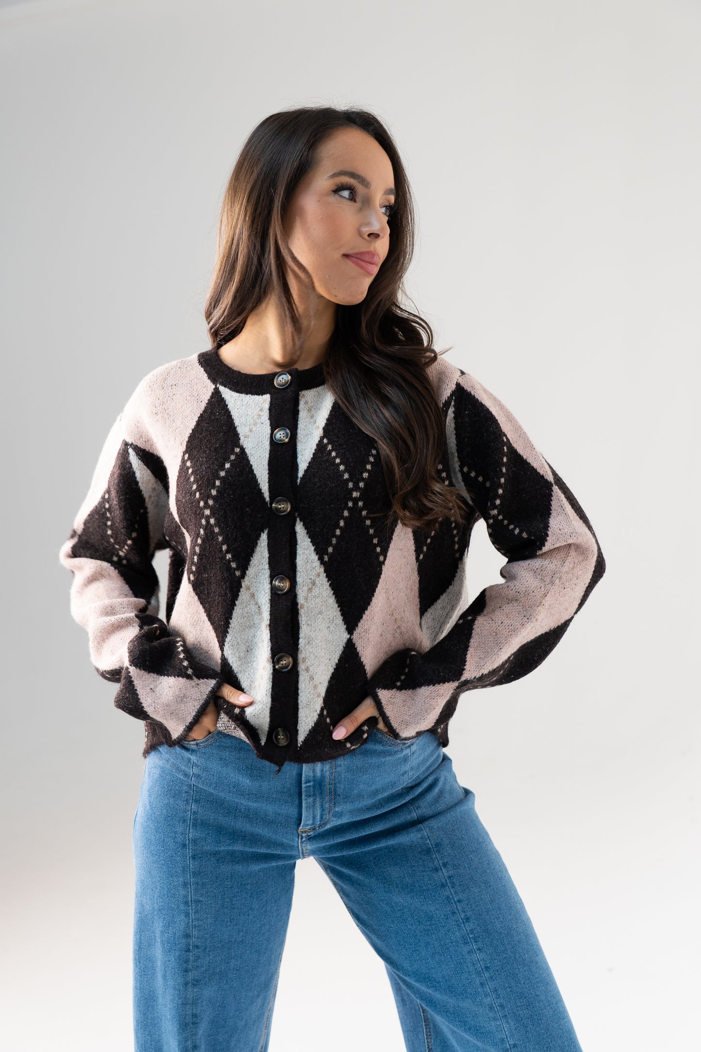 Millie Diamond Knit Cardigan In Pink Mix