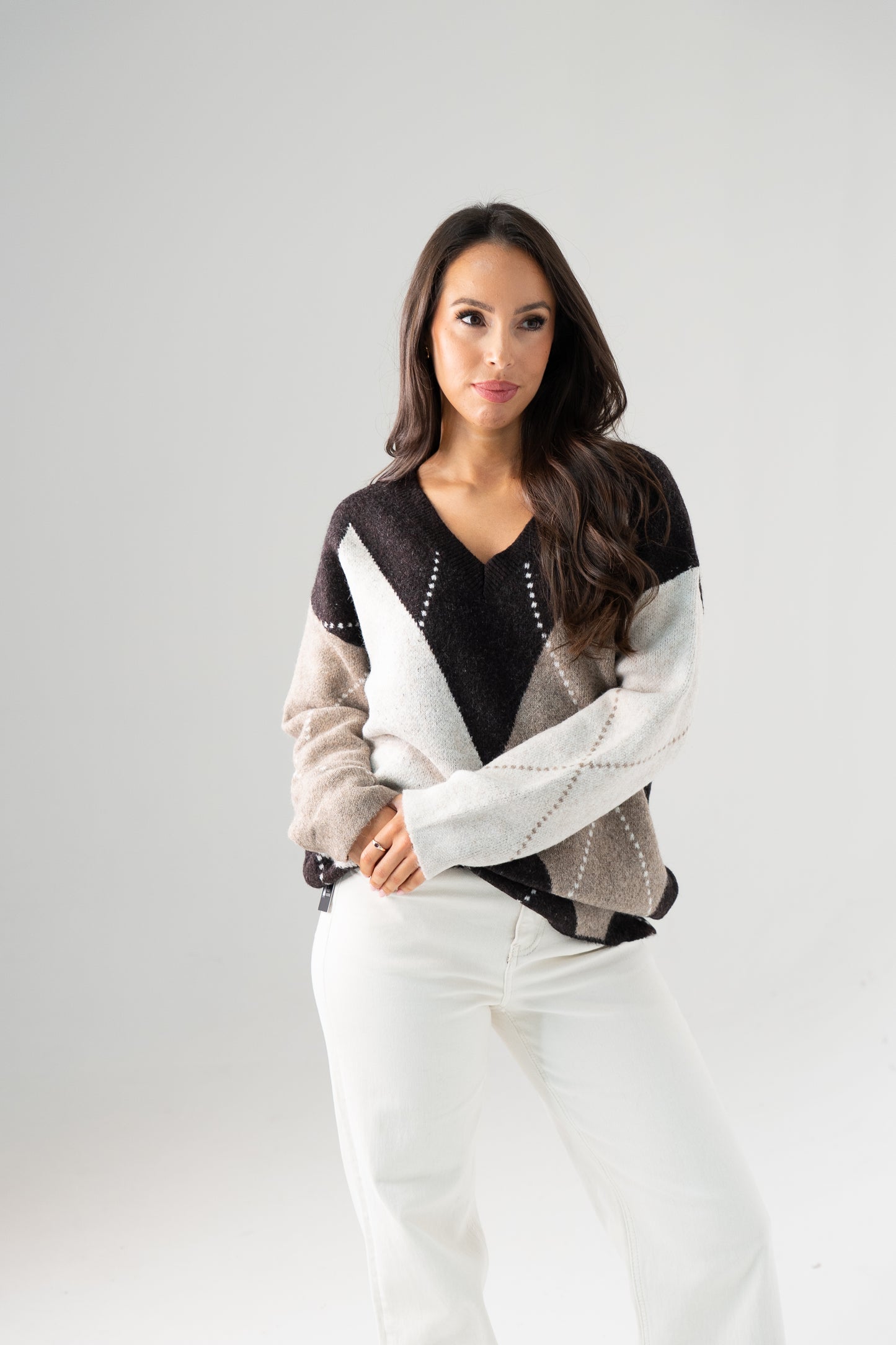 Ella Diamond Knit Jumper In Brown Mix