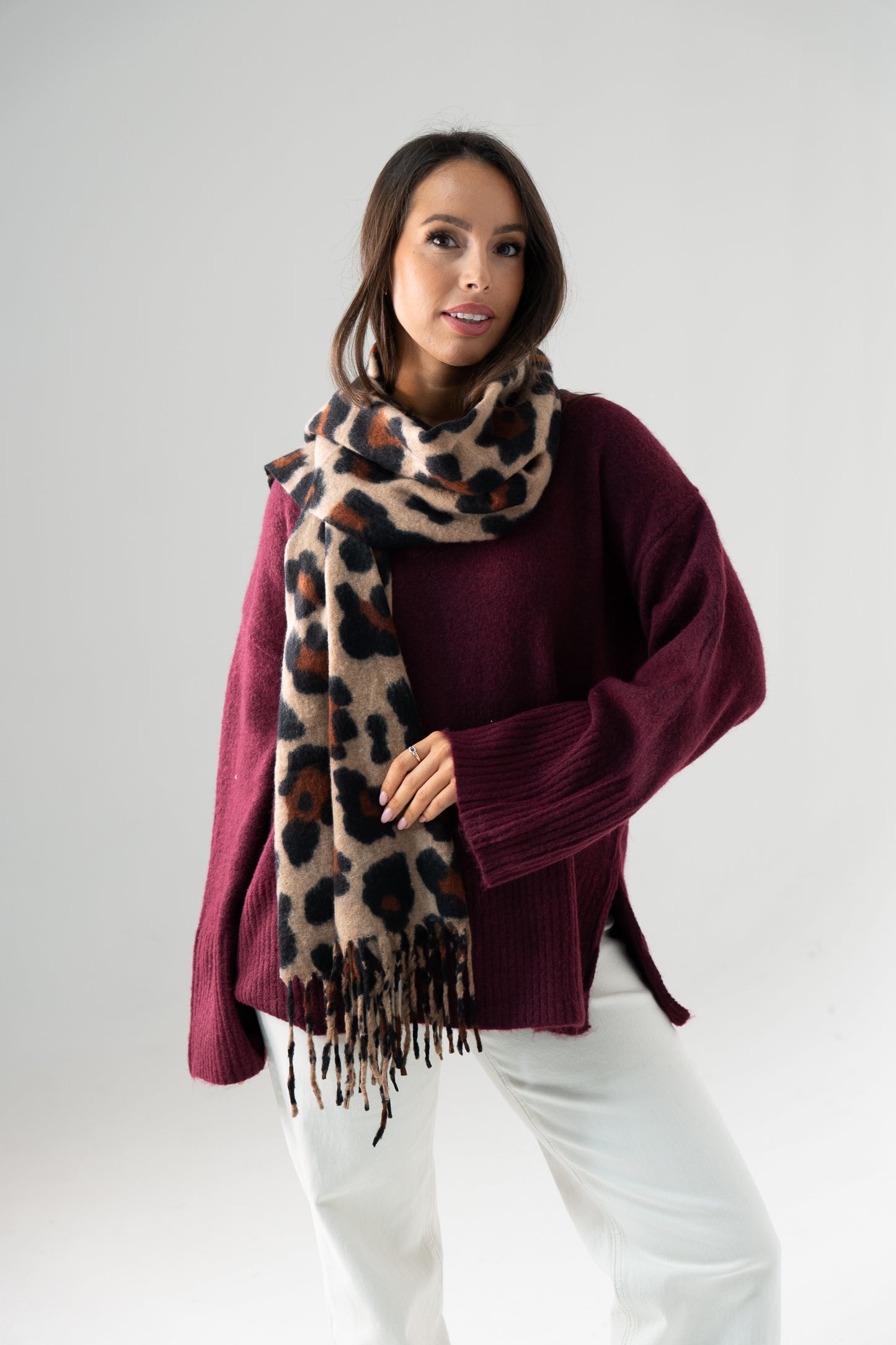 Megan Leopard Print Scarf In Camel