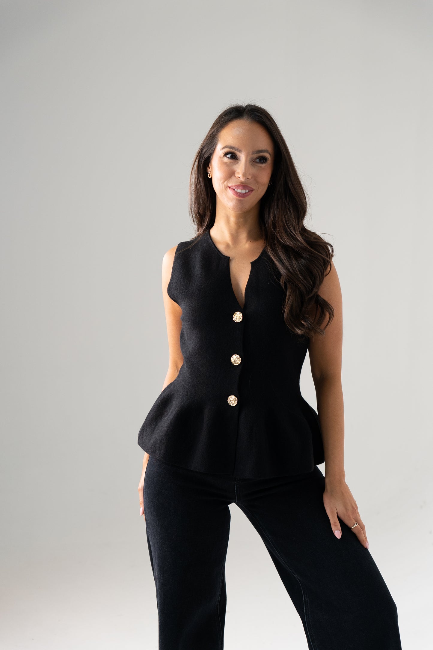 Kendra Split Neck Peplum Waistcoat In Black