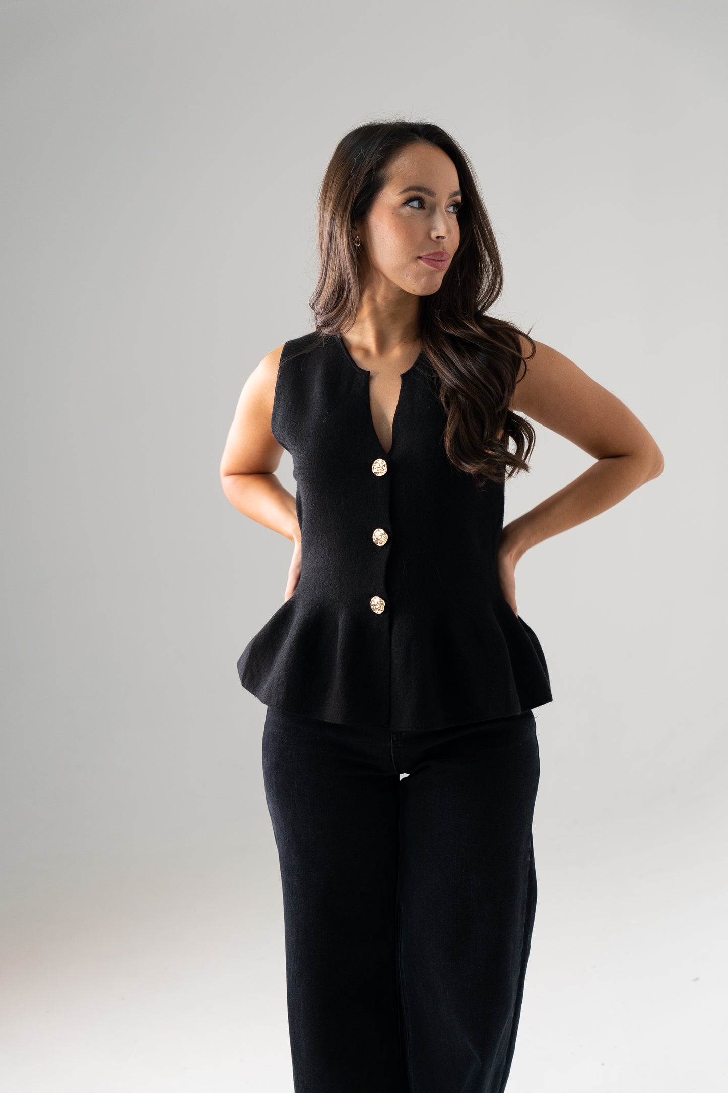 Kendra Split Neck Peplum Waistcoat In Black