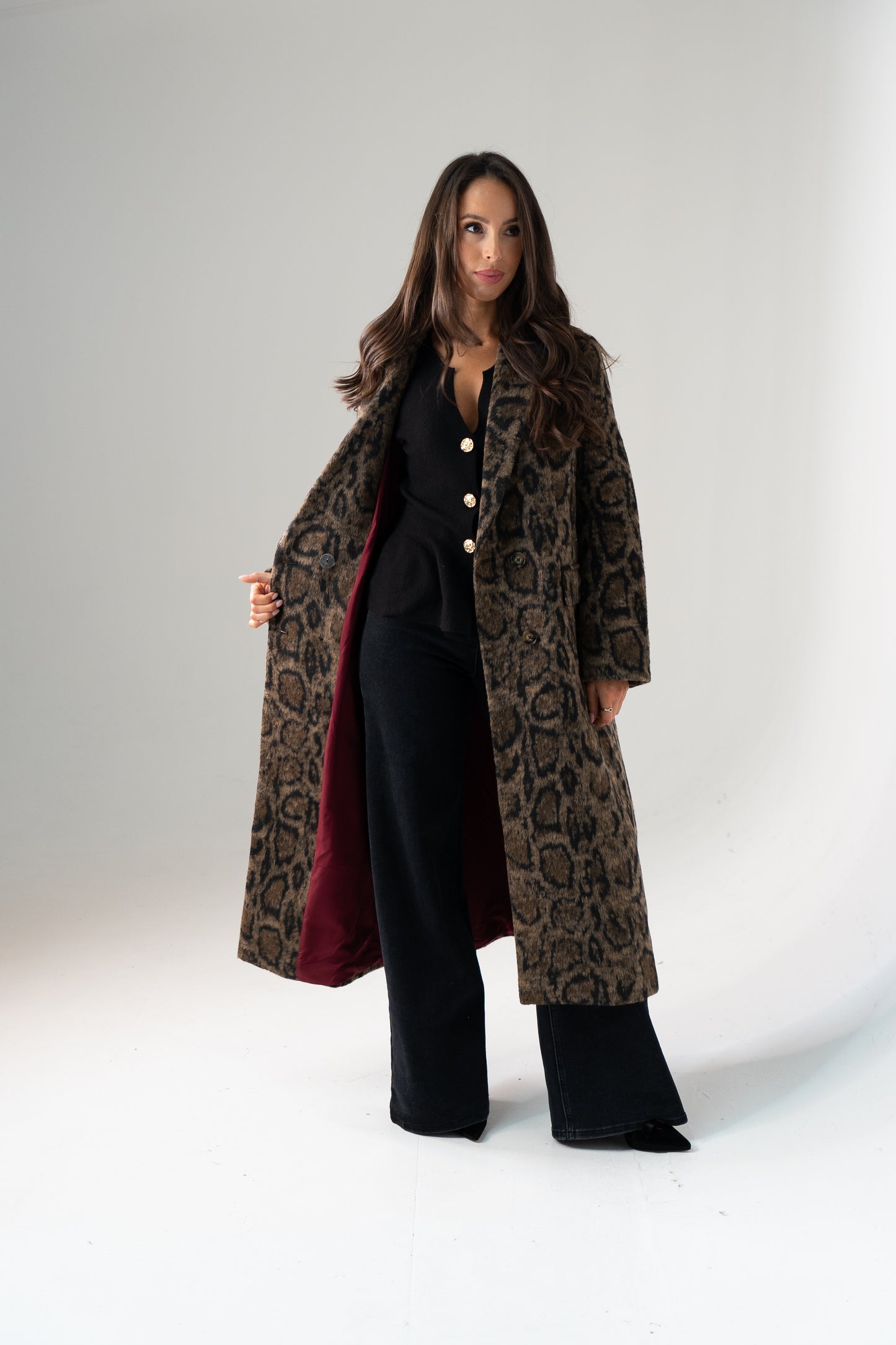 Love Laura Burgundy Lined Coat In Leopard
