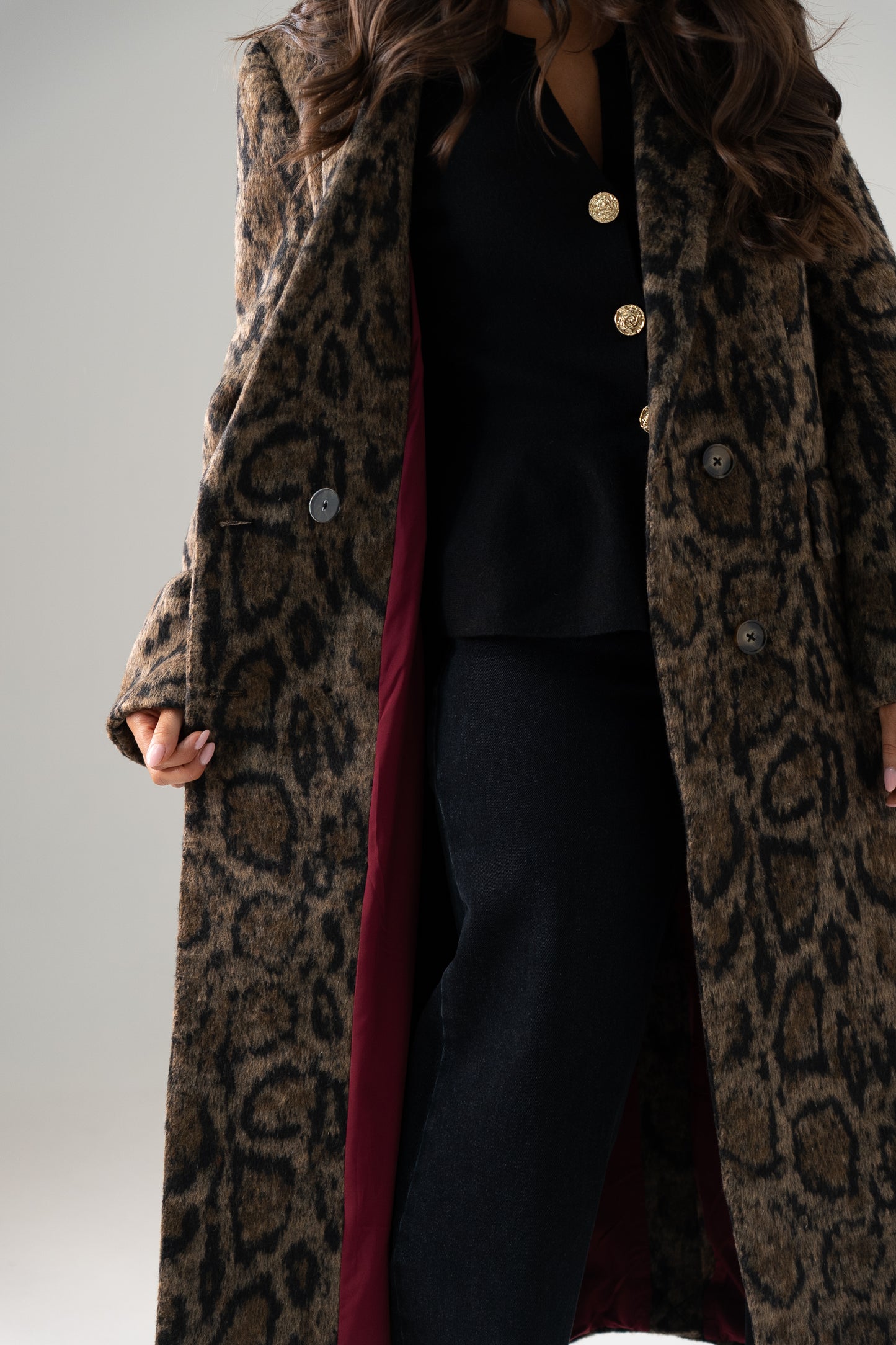Love Laura Burgundy Lined Coat In Leopard