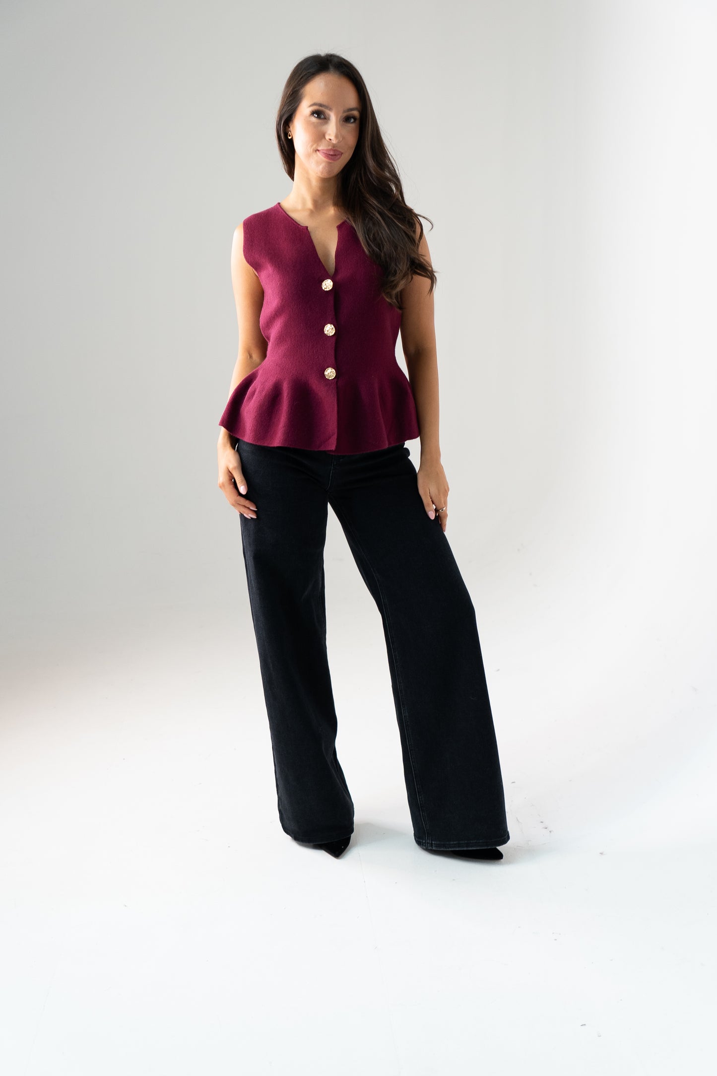 Kendra Split Neck Peplum Waistcoat In Bordeaux