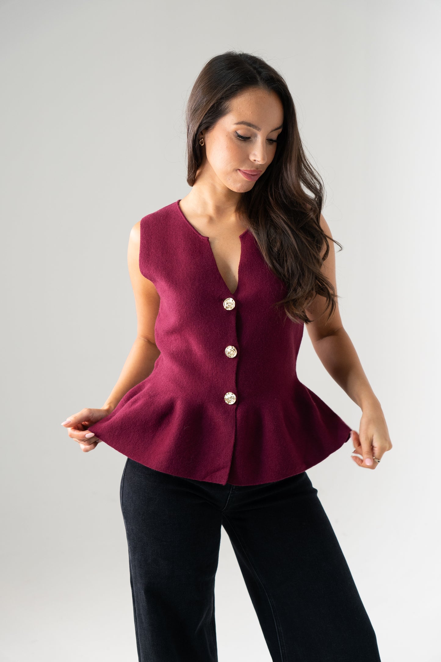 Kendra Split Neck Peplum Waistcoat In Bordeaux