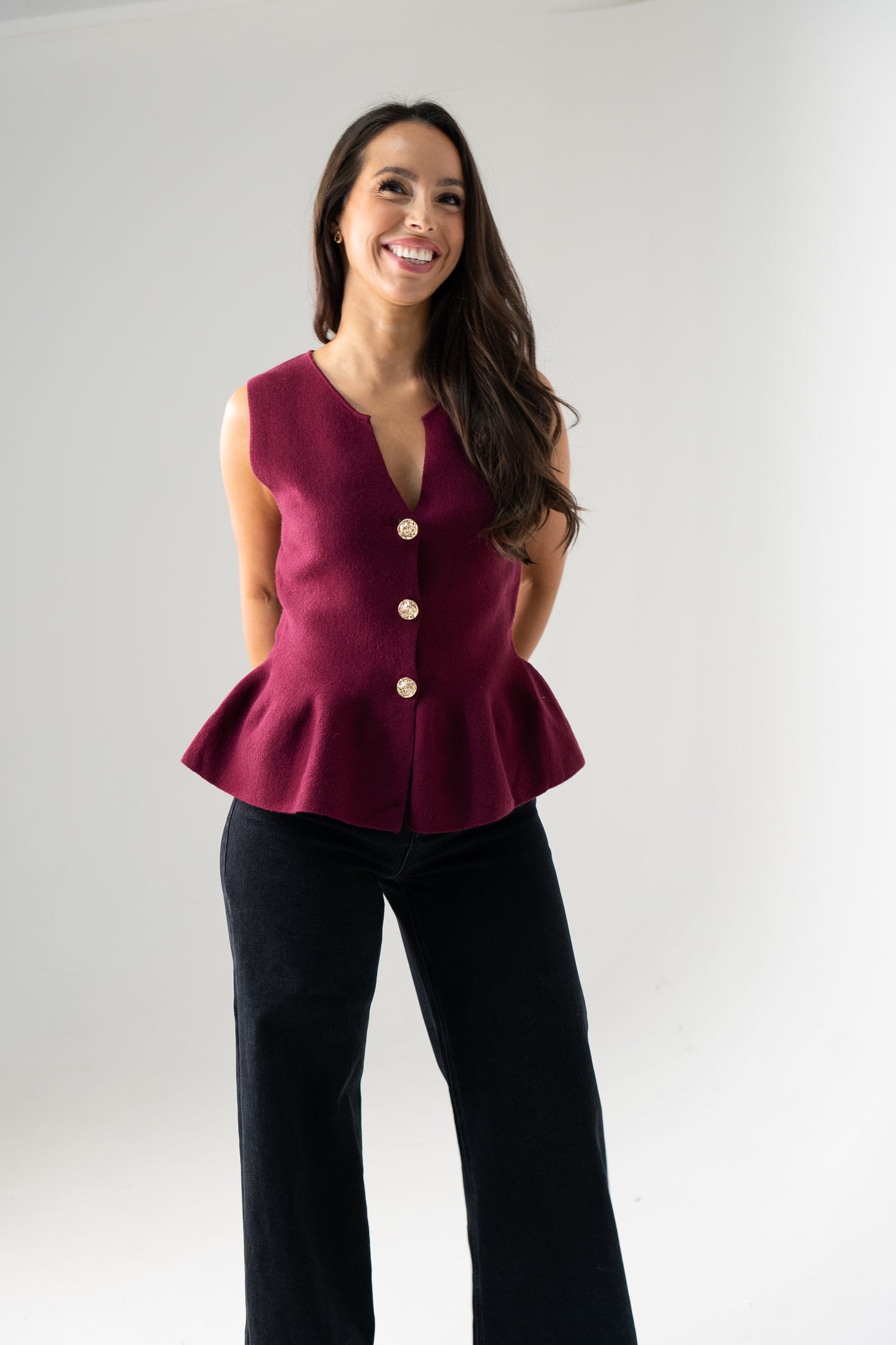 Kendra Split Neck Peplum Waistcoat In Bordeaux