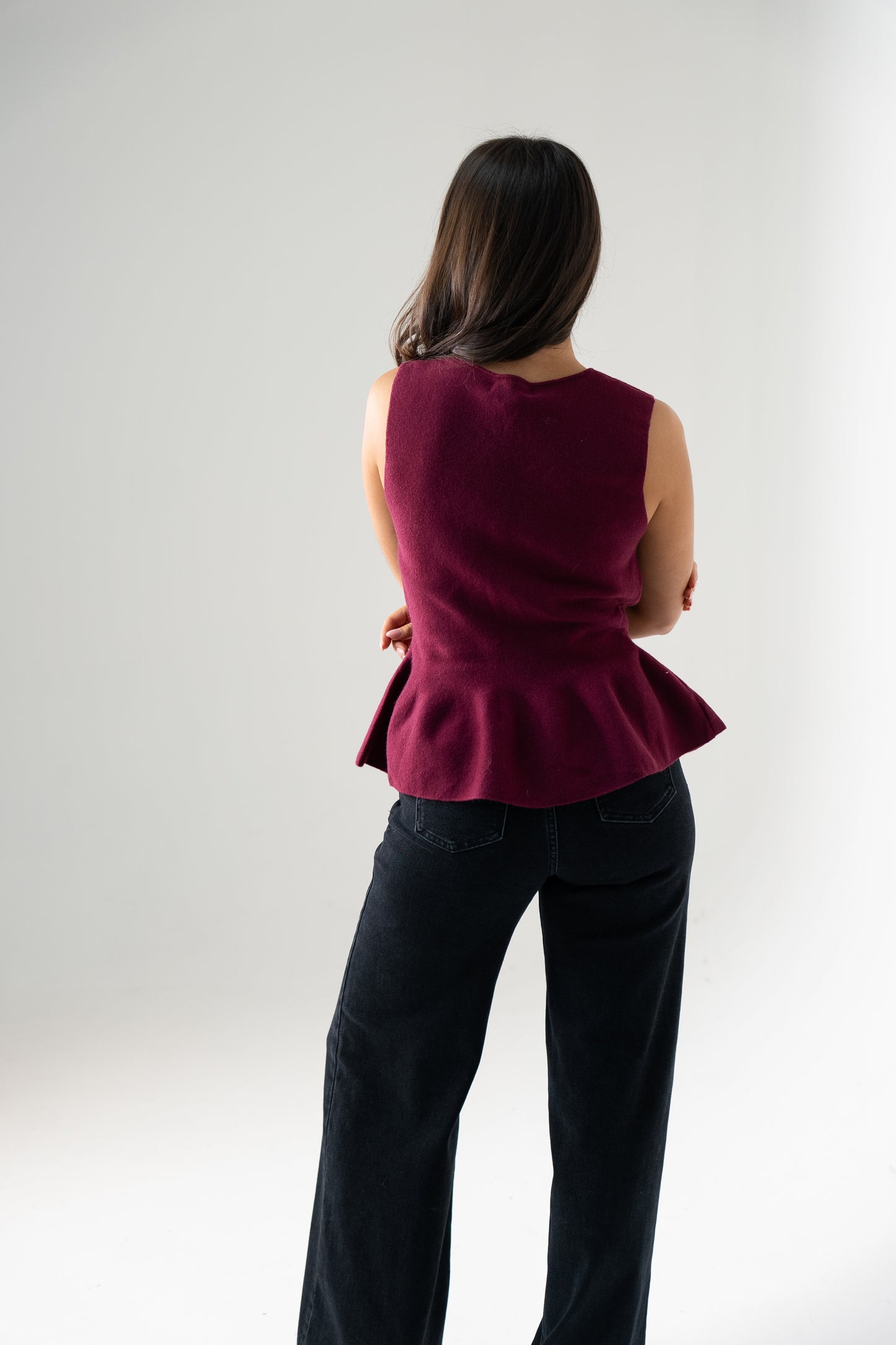 Kendra Split Neck Peplum Waistcoat In Bordeaux