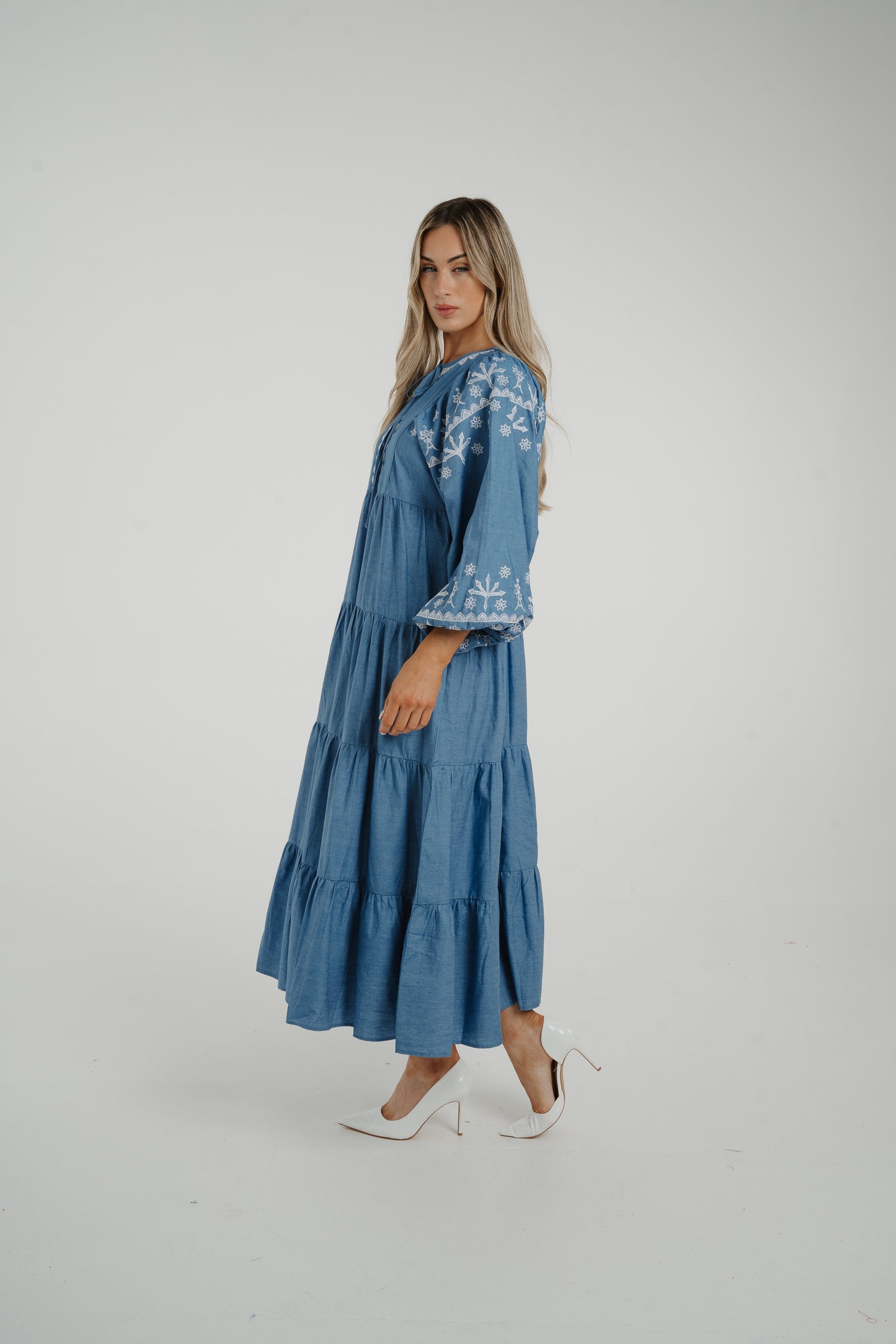 Caitlyn Tiered Embroidery Dress In Blue