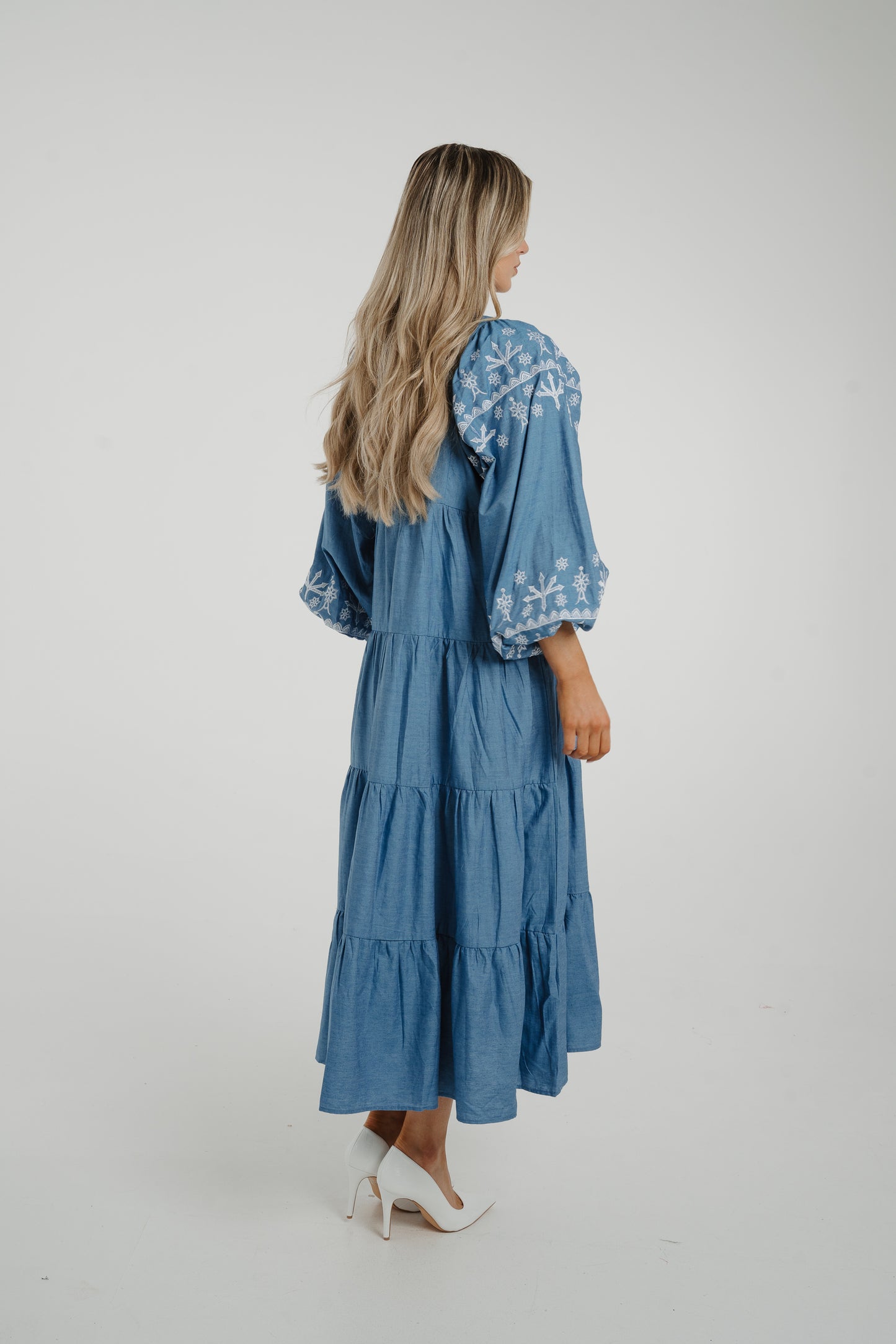 Caitlyn Tiered Embroidery Dress In Blue