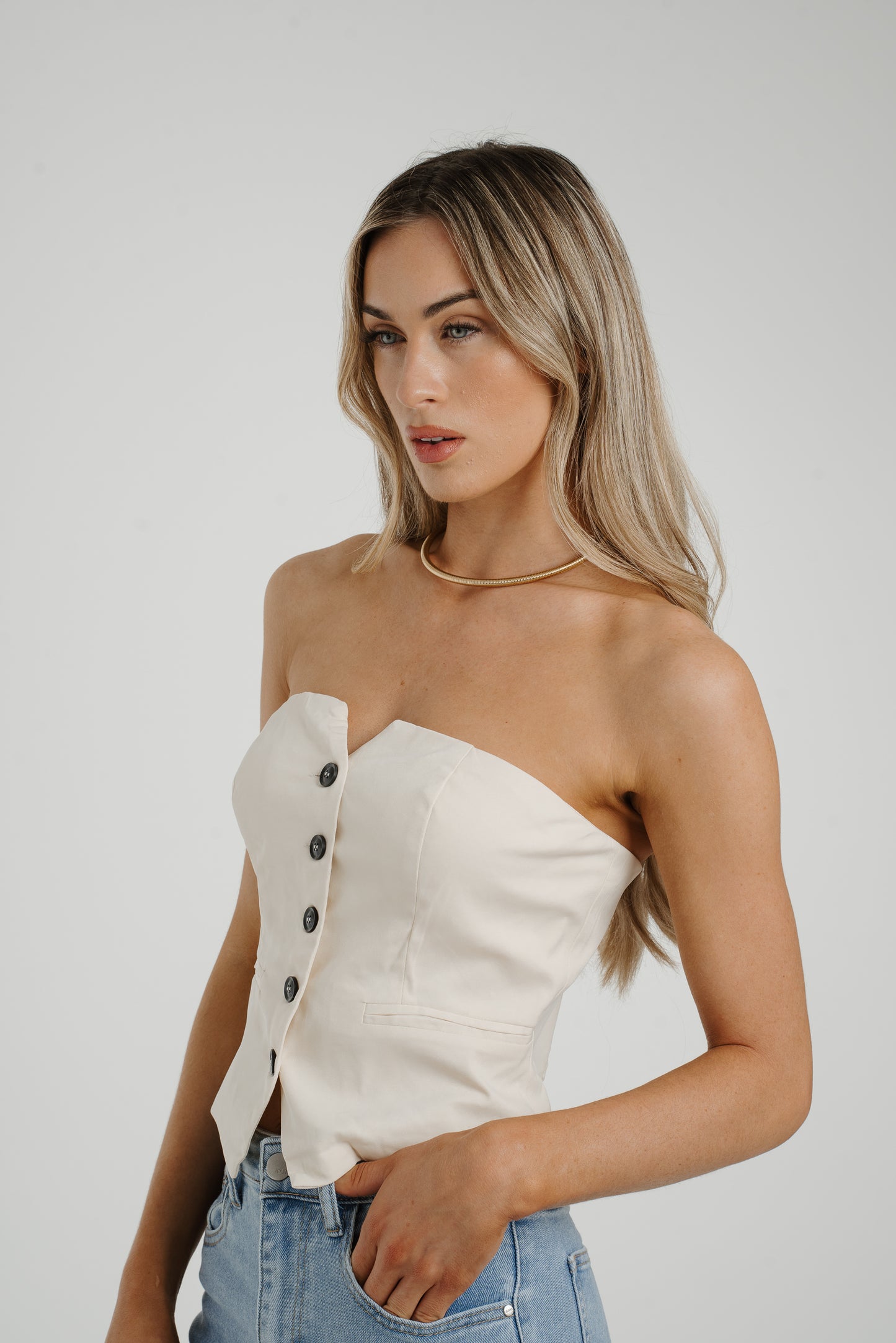 Elsa Button Front Strapless Top In Ivory