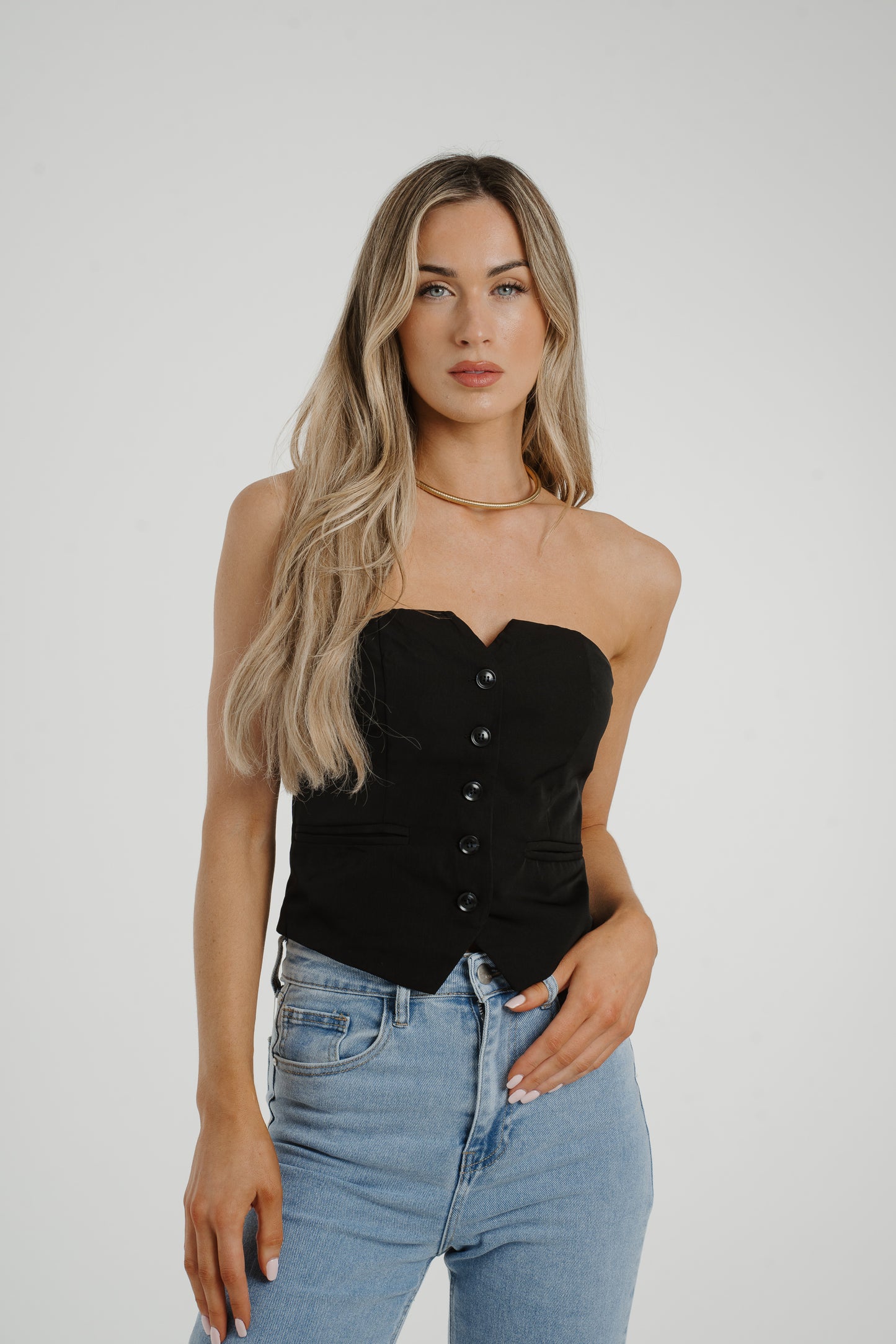 Elsa Button Front Strapless Top In Black